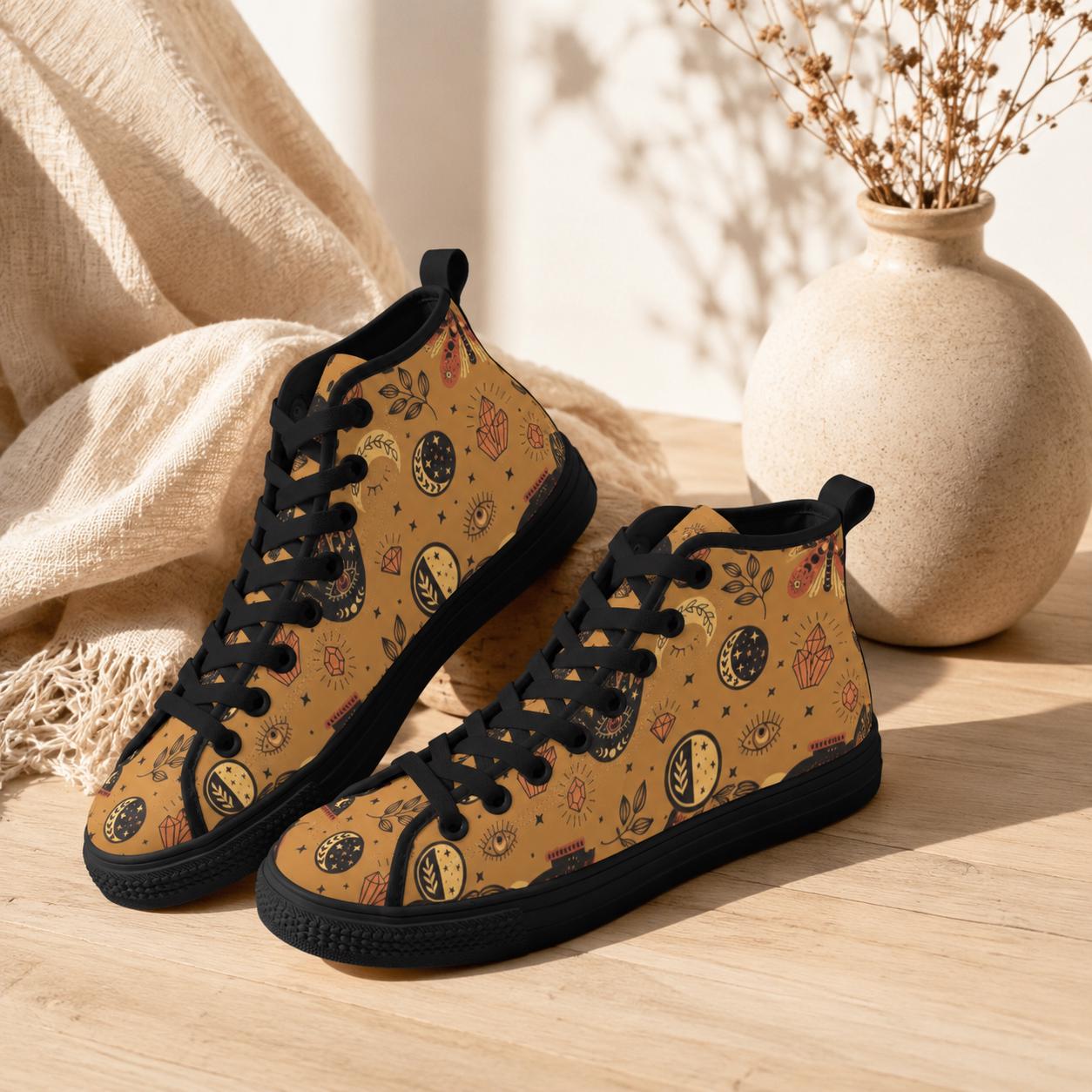 Celestial High Top Sneakers, Tan Sun Moon Mystic Eye Print Canvas Shoes