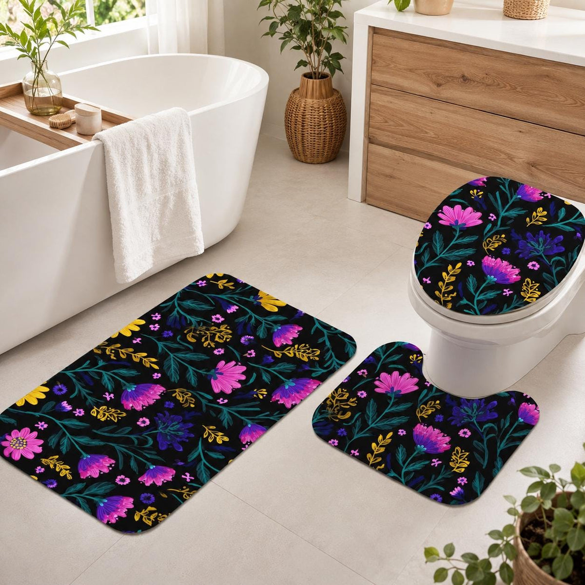 Wildflower Bathroom Rug Set, Dark Pink Purple Bath Mat and Toilet Contour Rug