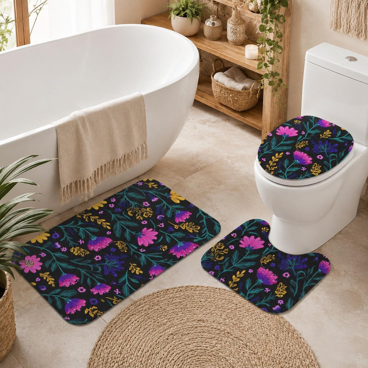 Wildflower Bathroom Rug Set, Dark Pink Purple Bath Mat and Toilet Contour Rug