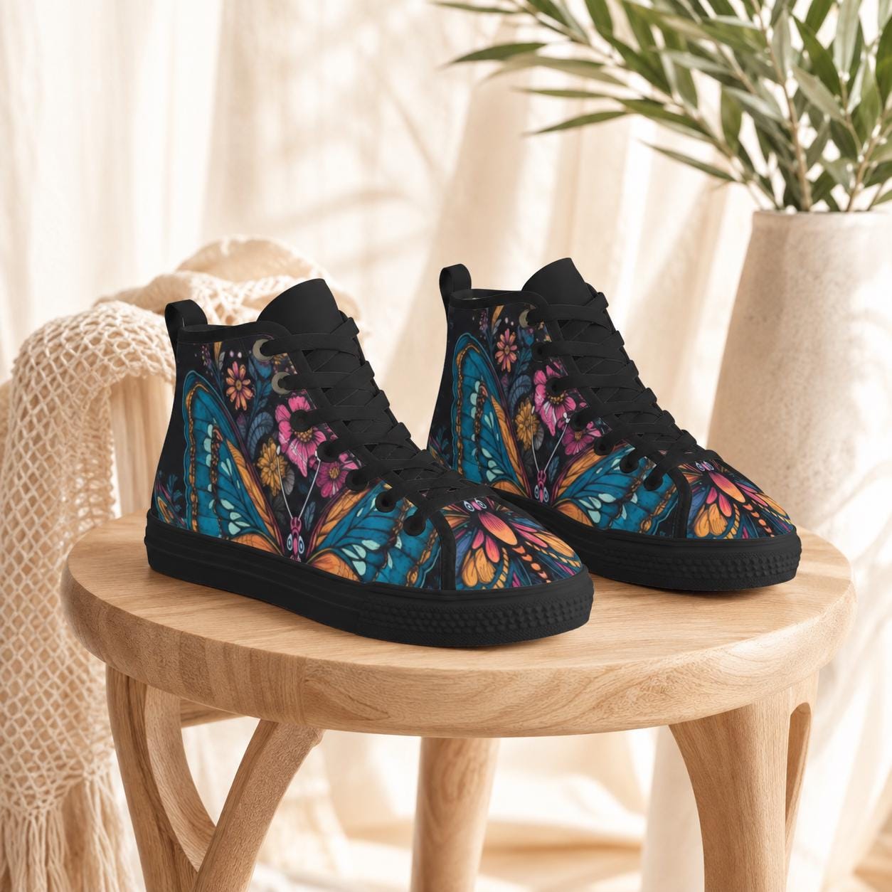 Butterfly High Top Sneakers, Stained Glass Floral Canvas Shoes, Boho Wildflower Festival Season