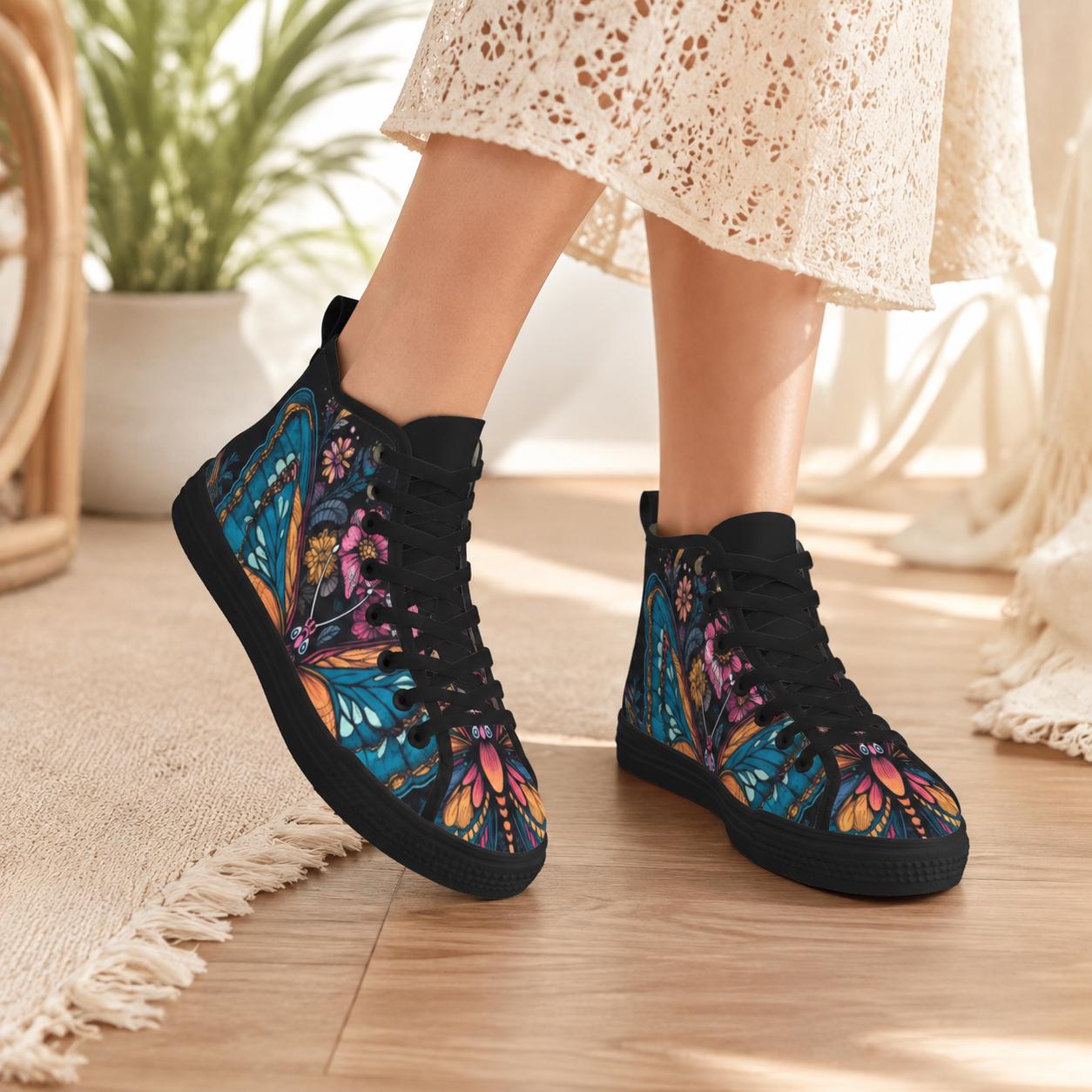 Butterfly High Top Sneakers, Stained Glass Floral Canvas Shoes, Boho Wildflower Festival Season