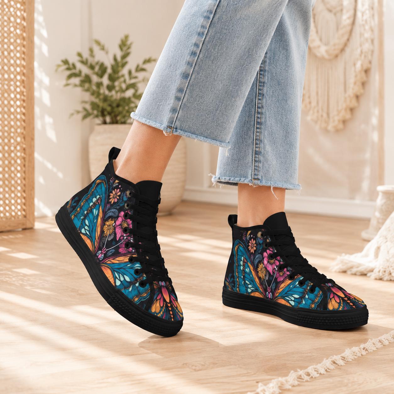 Butterfly High Top Sneakers, Stained Glass Floral Canvas Shoes, Boho Wildflower Festival Season