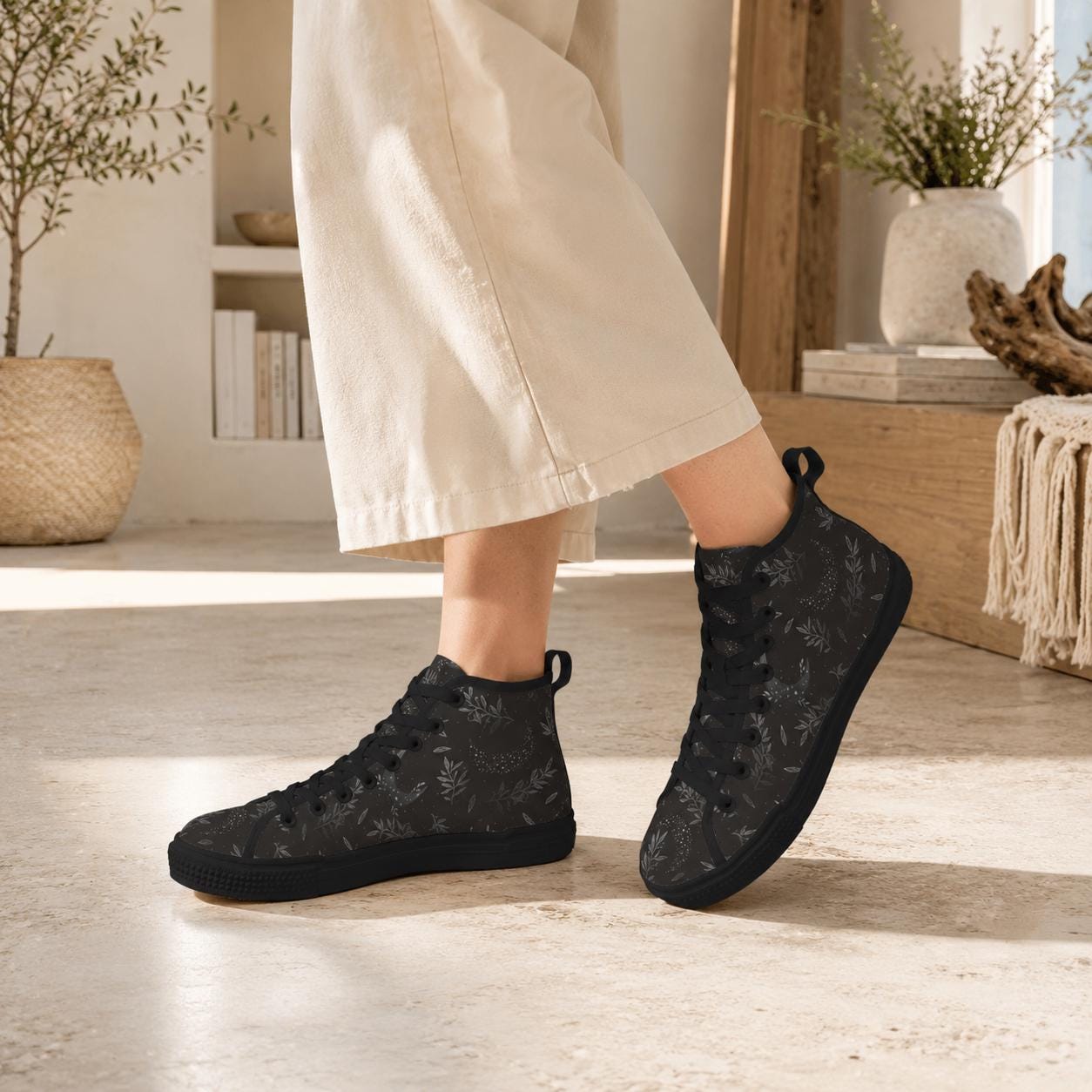 Witchy High Top Sneakers, Black Botanical Moon Wildflower Print Canvas Shoes