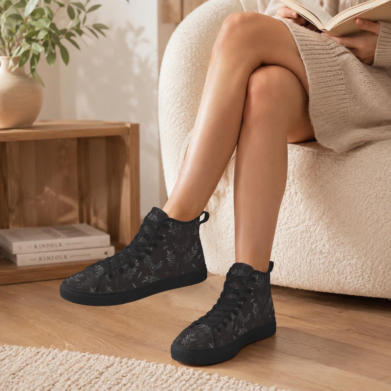 Witchy High Top Sneakers, Black Botanical Moon Wildflower Print Canvas Shoes