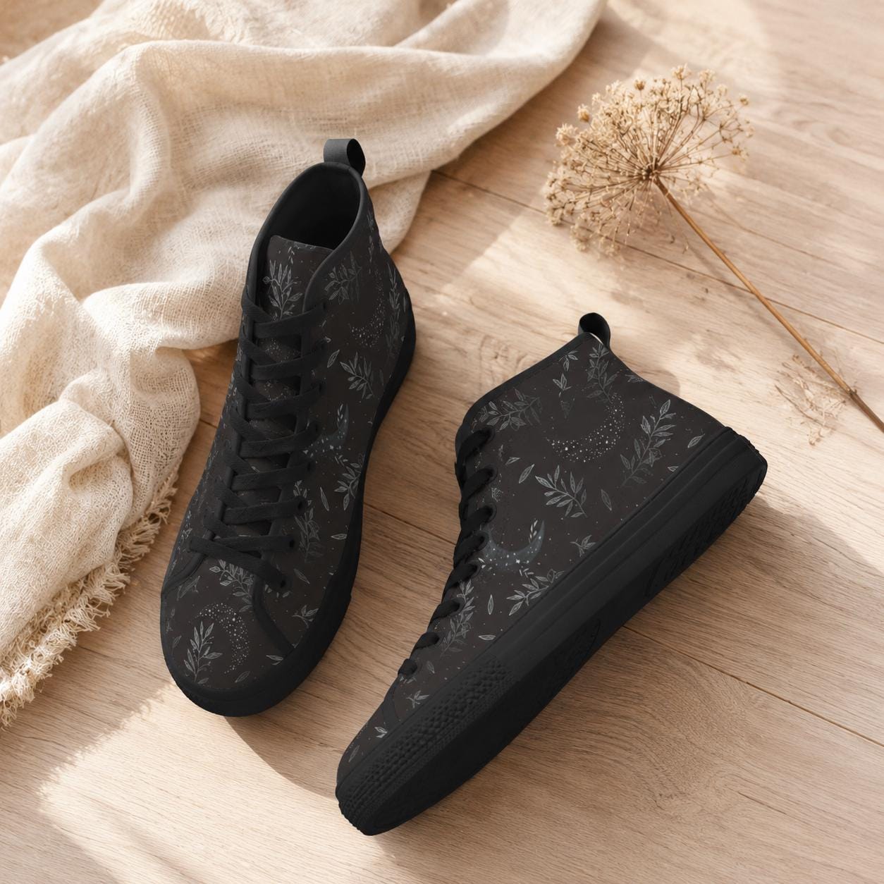 Witchy High Top Sneakers, Black Botanical Moon Wildflower Print Canvas Shoes