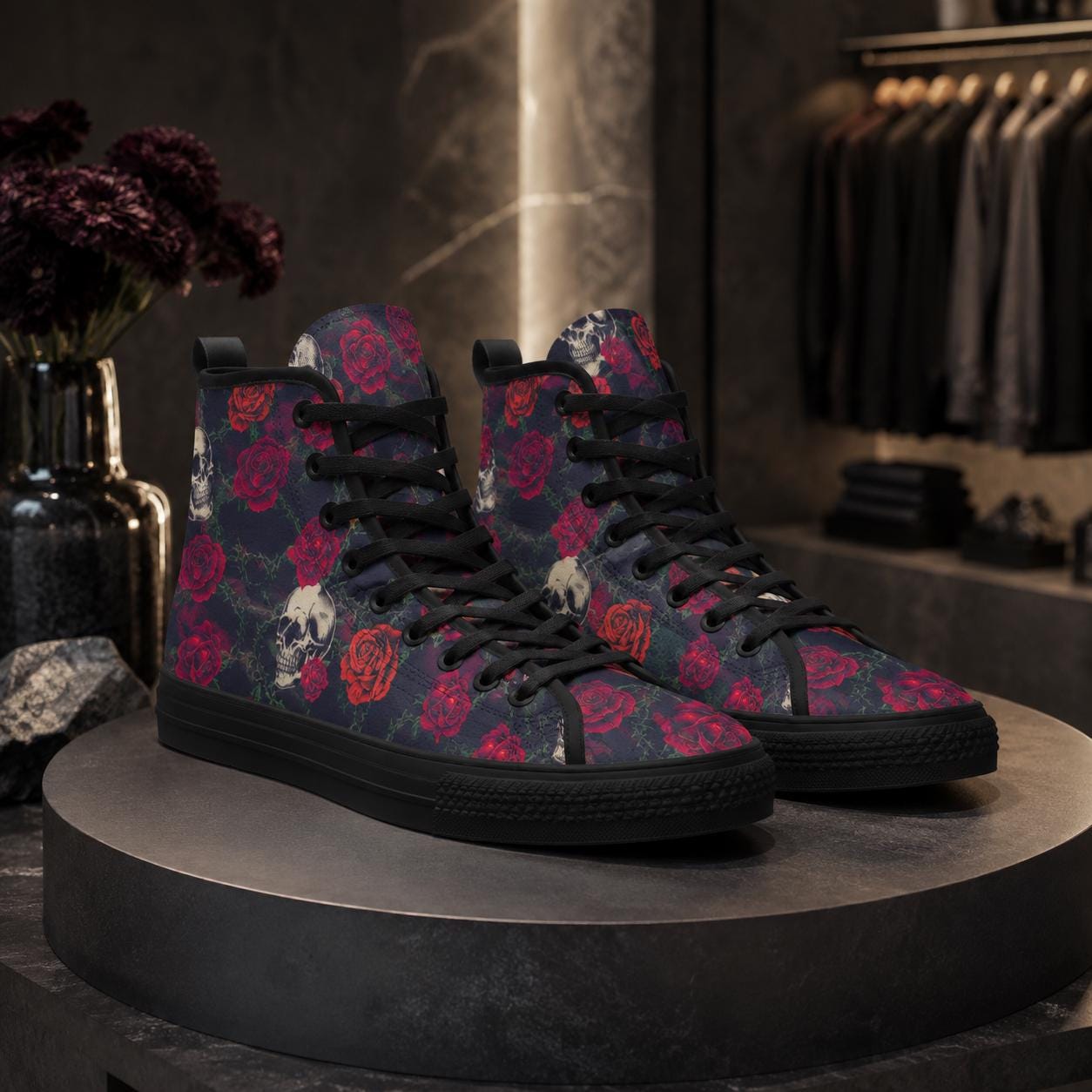 Skull Rose High Top Canvas Sneakers, Gothic Tattoo Art Lace Up Kicks