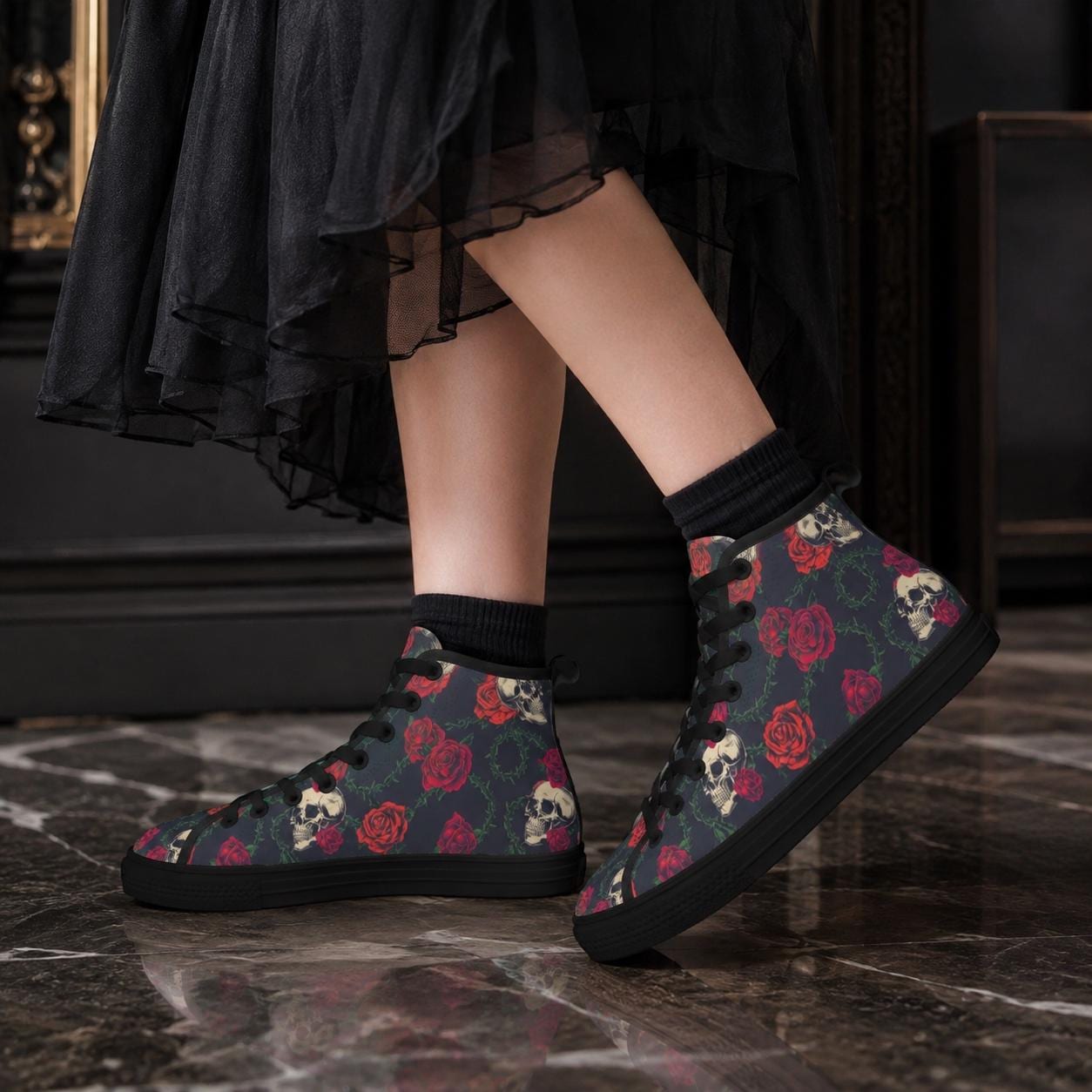 Skull Rose High Top Canvas Sneakers, Gothic Tattoo Art Lace Up Kicks
