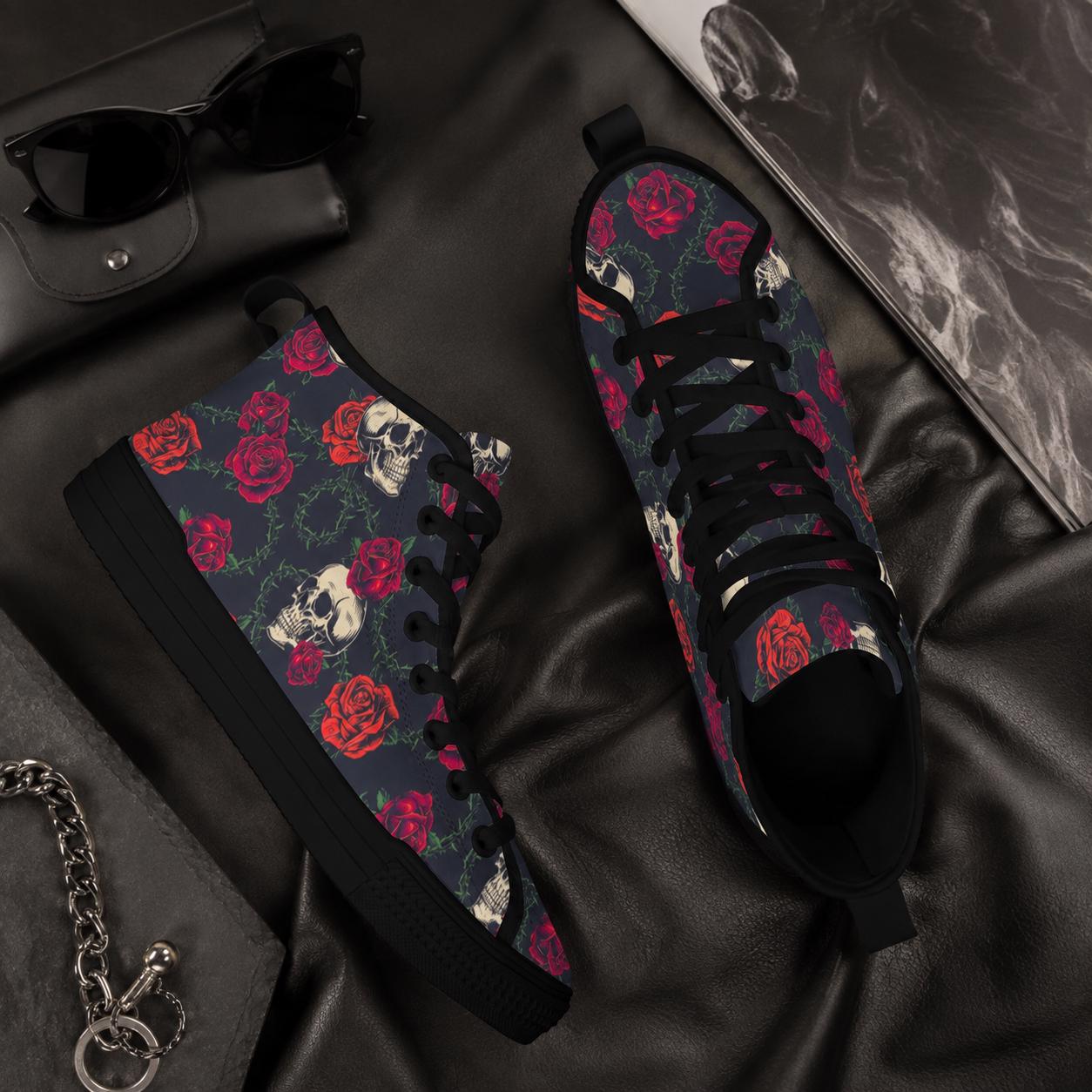 Skull Rose High Top Canvas Sneakers, Gothic Tattoo Art Lace Up Kicks