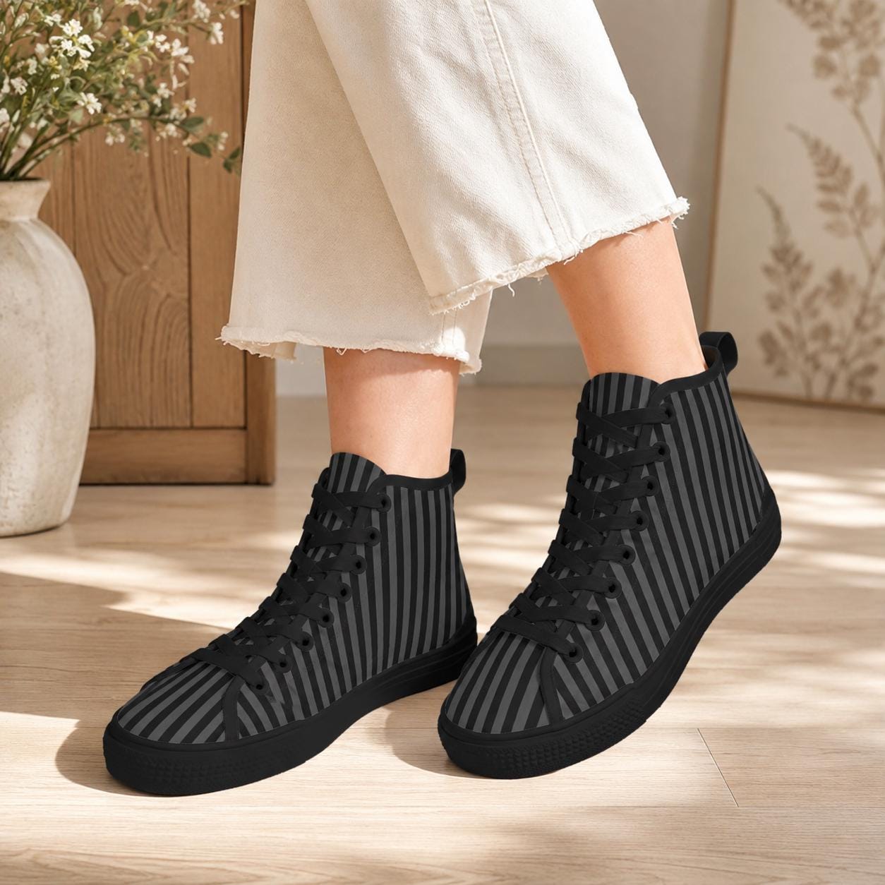 Pinstripe High Top Sneakers, Black Gray Vertical Stripe Canvas Shoes, Dark Academia Kicks