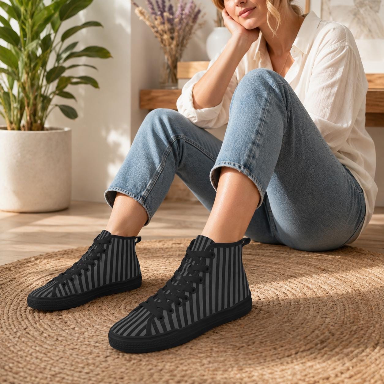 Pinstripe High Top Sneakers, Black Gray Vertical Stripe Canvas Shoes, Dark Academia Kicks