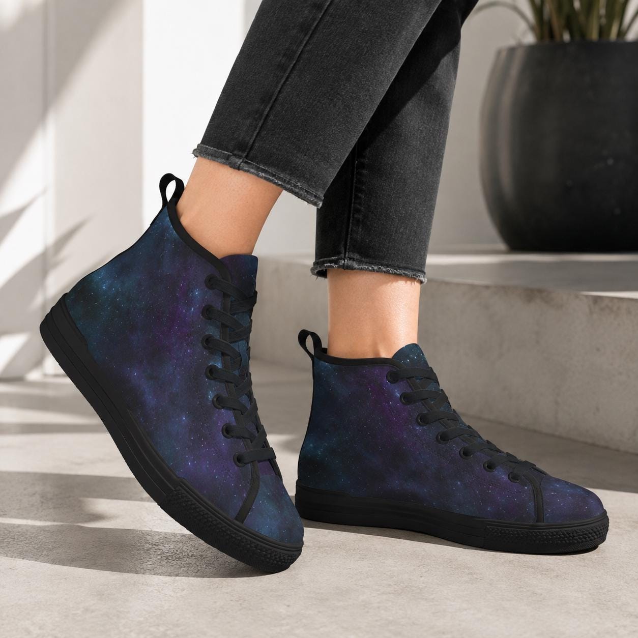 Galaxy High Top Sneakers, Blue Purple Nebula Canvas Shoes, Astronomy Lover Kicks
