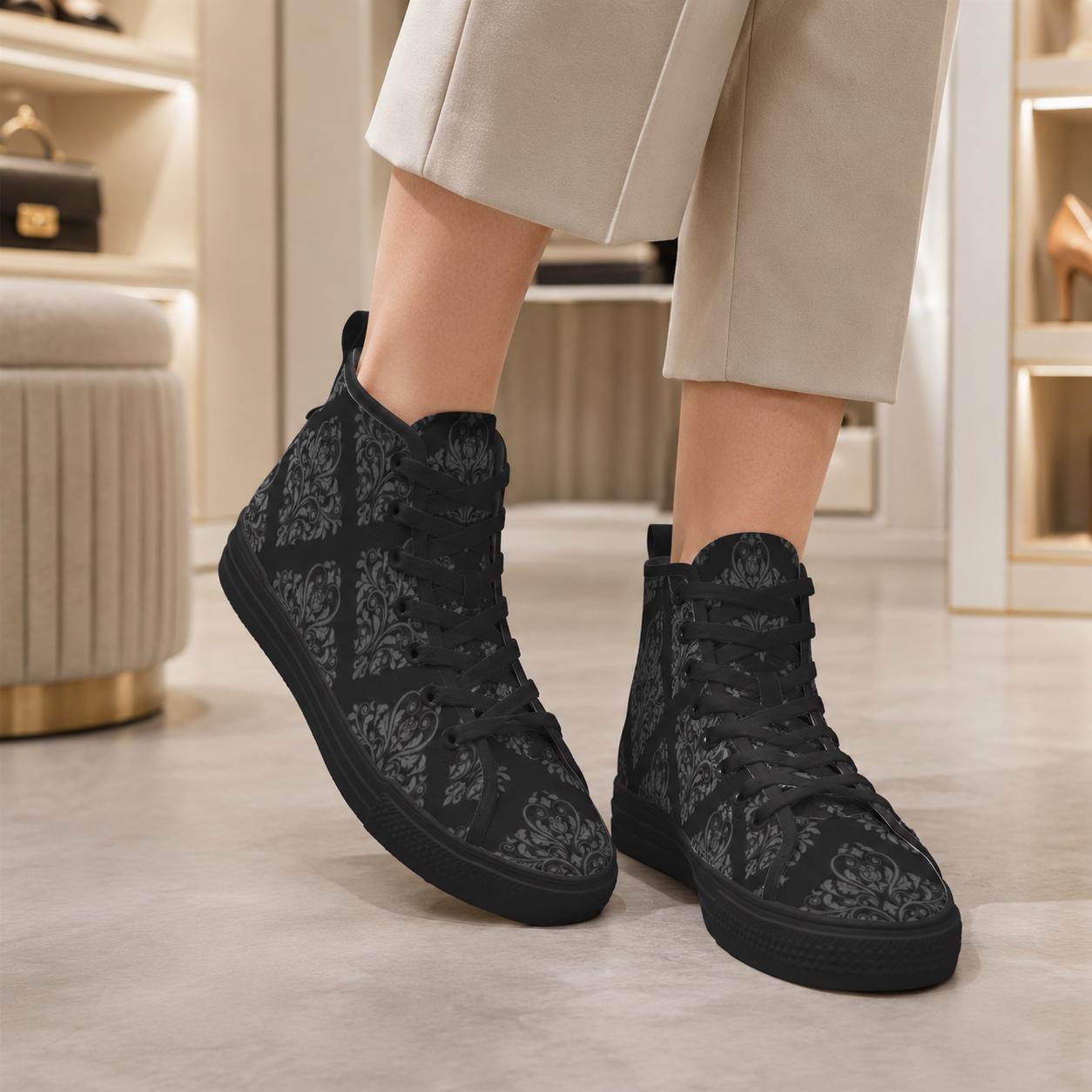 Black Damask High Top Sneakers, Gothic Baroque Canvas Shoes, Dark Academia Lace Up Everyday