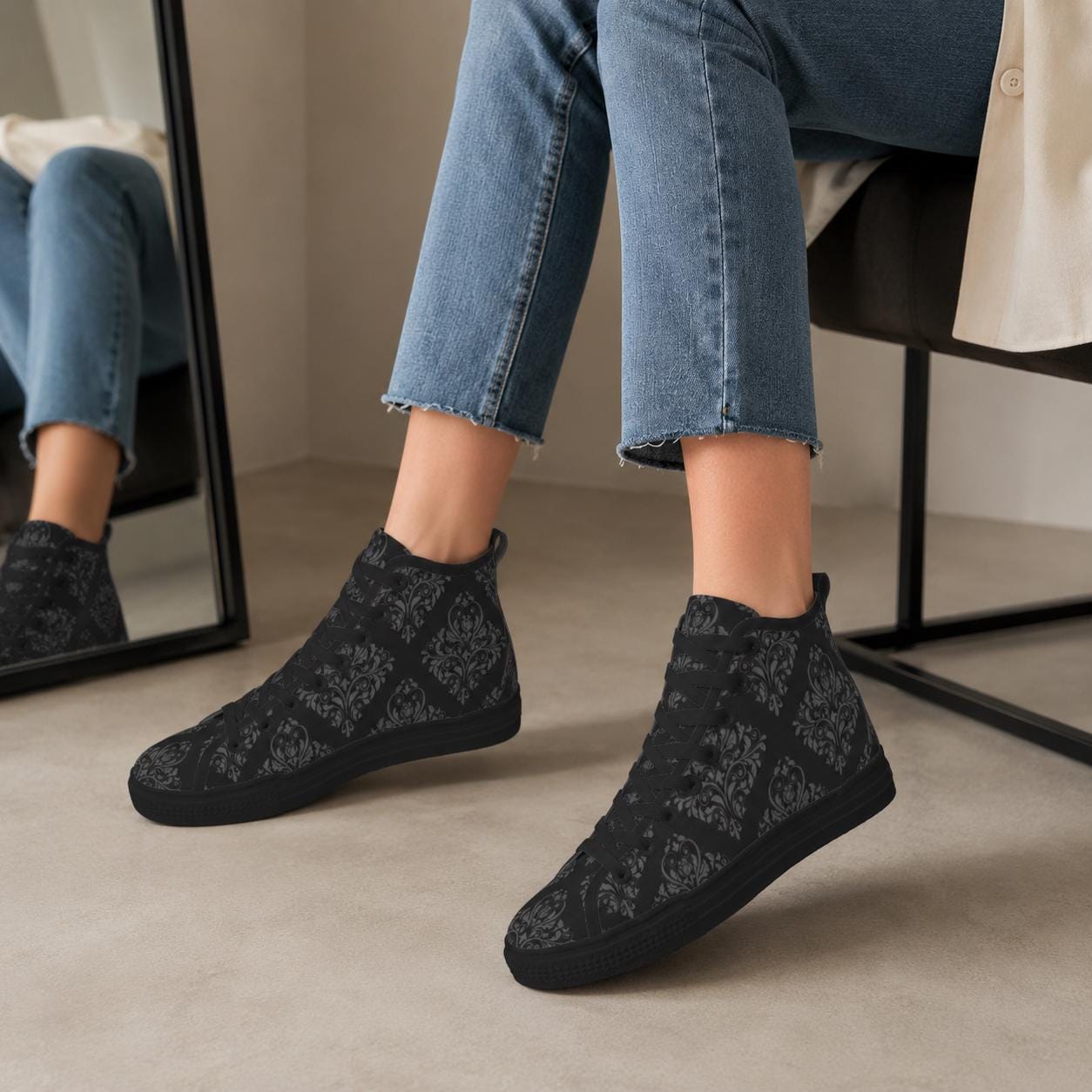 Black Damask High Top Sneakers, Gothic Baroque Canvas Shoes, Dark Academia Lace Up Everyday