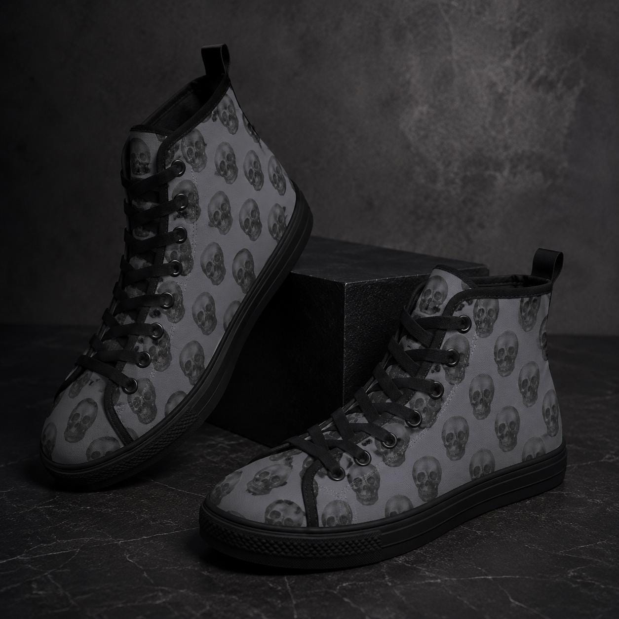 Gray Skull Print High Top Canvas Sneakers, Goth Punk Lace Up Kicks