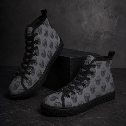 Gray Skull Print High Top Canvas Sneakers, Goth Punk Lace Up Kicks