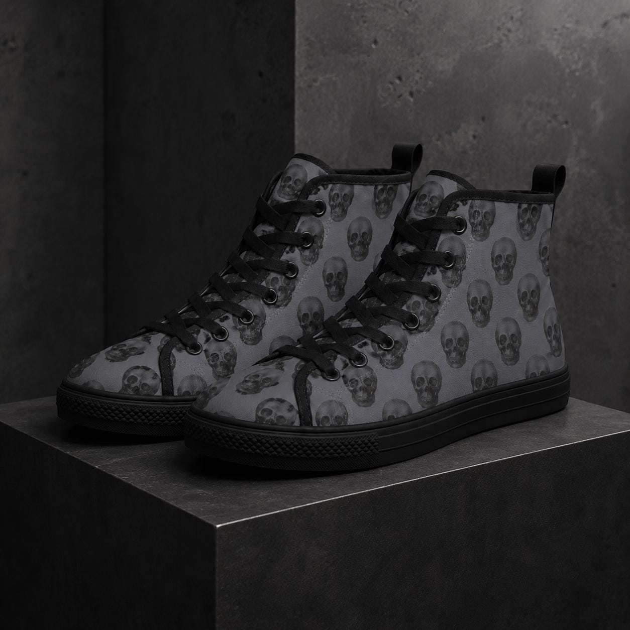 Gray Skull Print High Top Canvas Sneakers, Goth Punk Lace Up Kicks