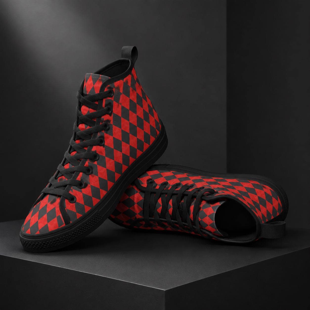 Red Harlequin Diamond High Top Canvas Sneakers, Clown Core Skate Style Lace Up Kicks
