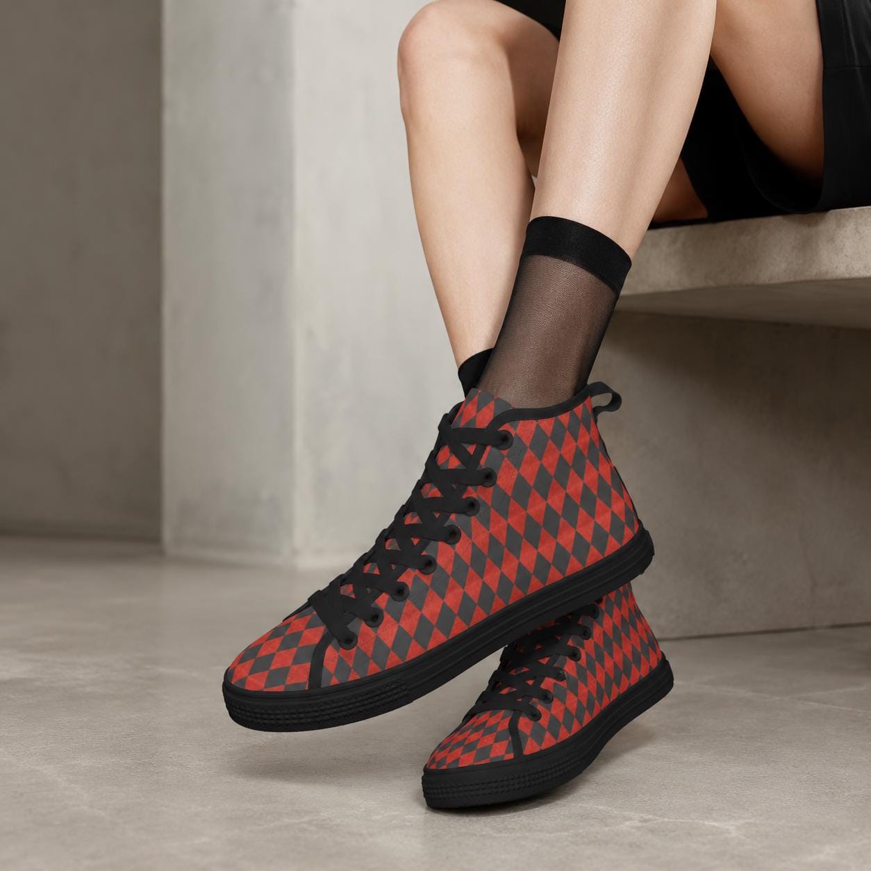 Red Harlequin Diamond High Top Canvas Sneakers, Clown Core Skate Style Lace Up Kicks