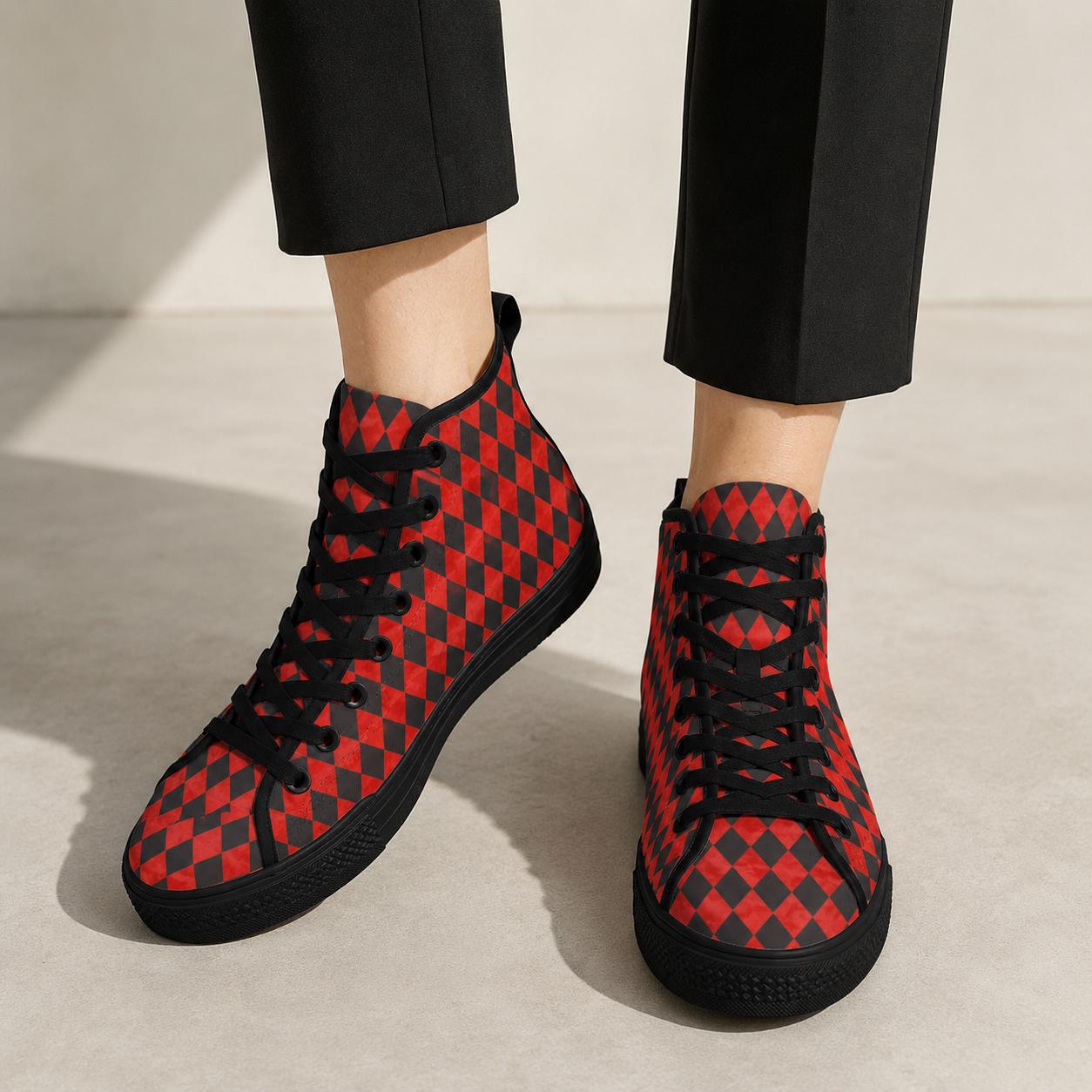 Red Harlequin Diamond High Top Canvas Sneakers, Clown Core Skate Style Lace Up Kicks