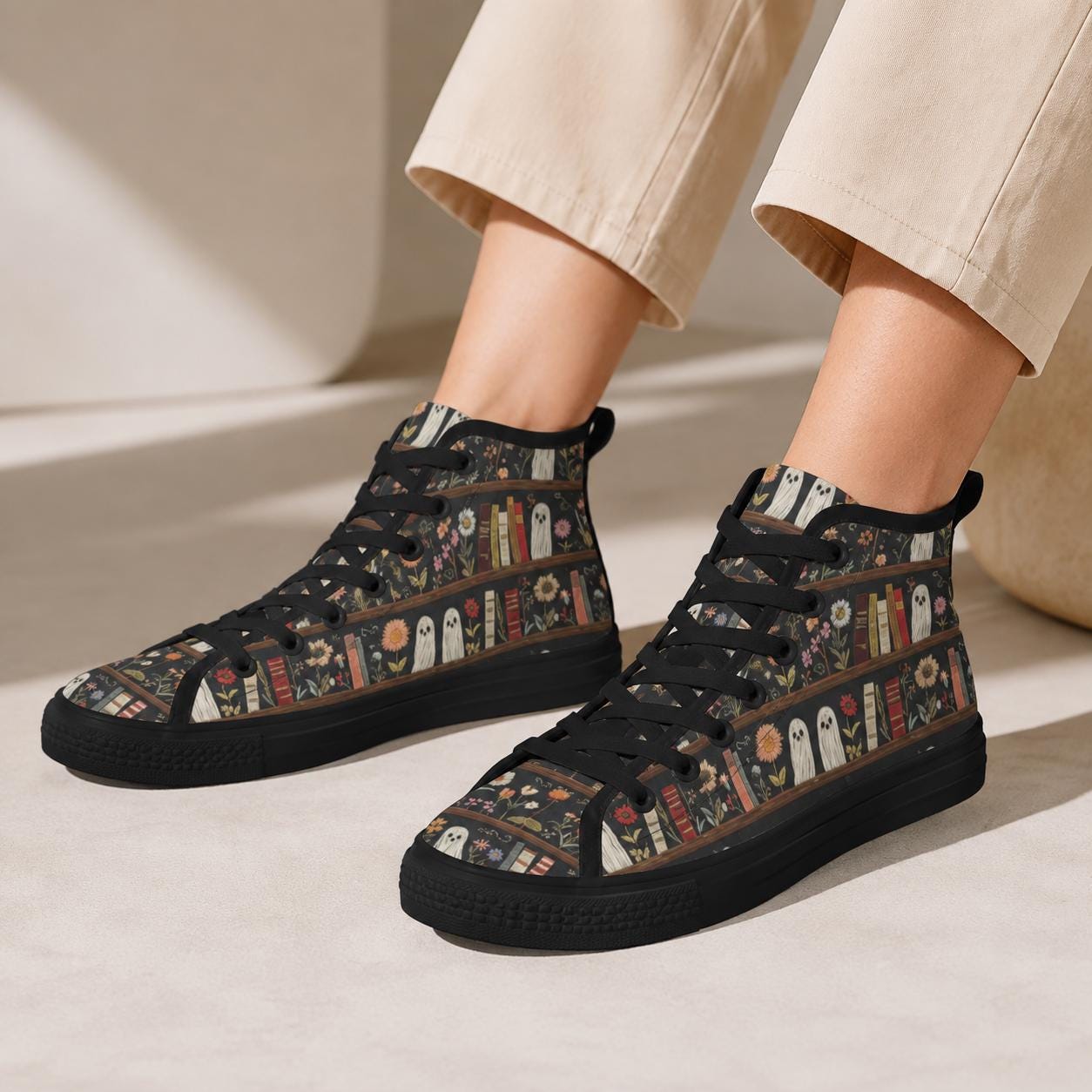 Dark Academia Ghost Bookshelf High Top Sneakers, Floral Library Canvas Shoes