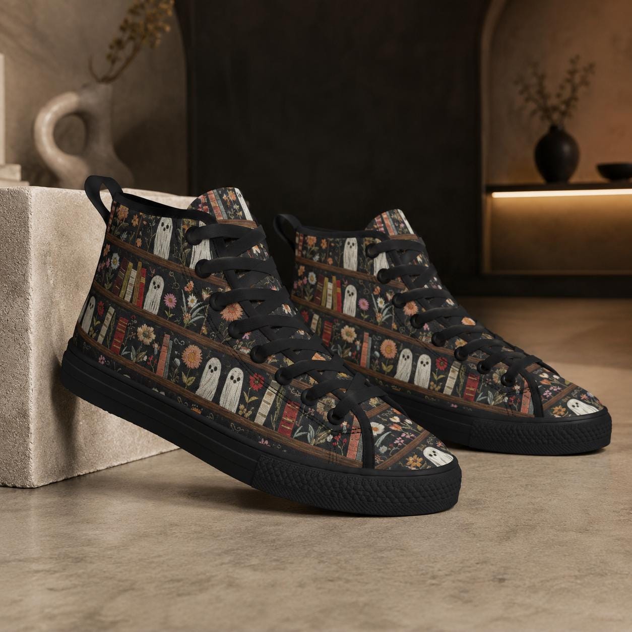 Dark Academia Ghost Bookshelf High Top Sneakers, Floral Library Canvas Shoes