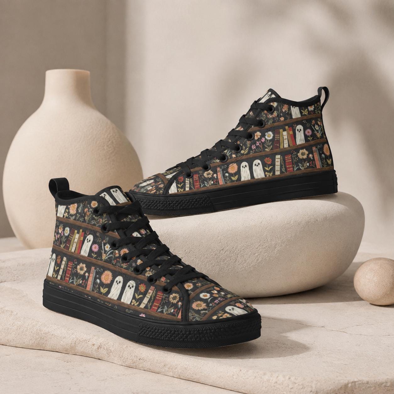 Dark Academia Ghost Bookshelf High Top Sneakers, Floral Library Canvas Shoes