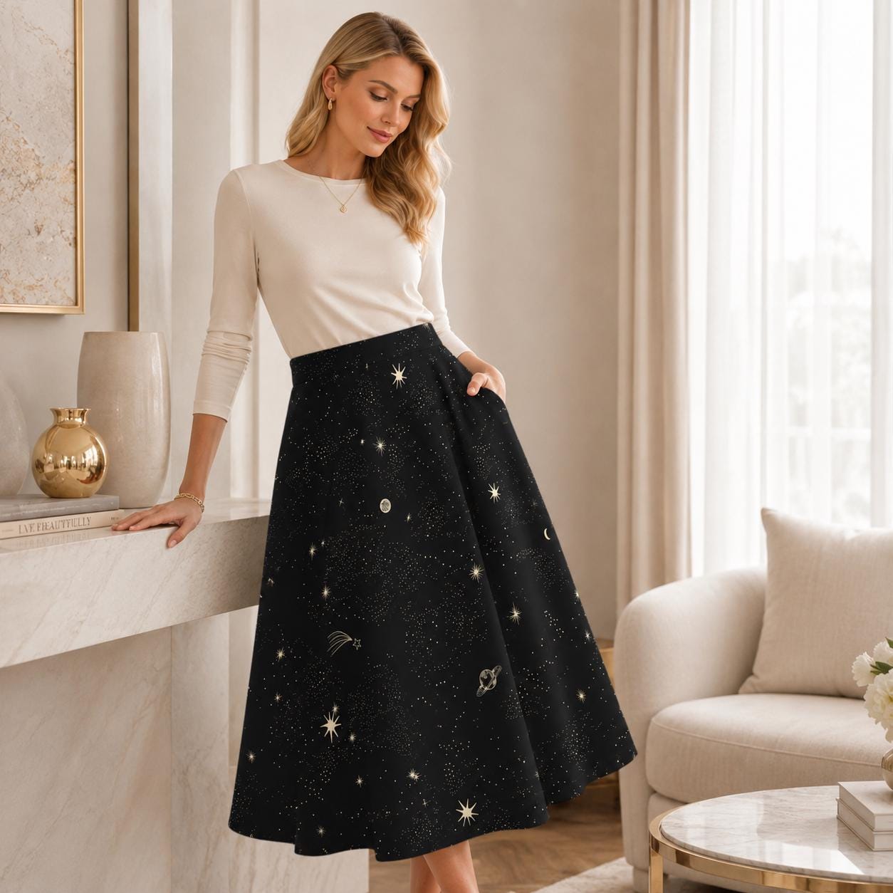 Starry Night Midi Skirt, Black Moon Star Print, Whimsigoth Cosmic Evening Wear