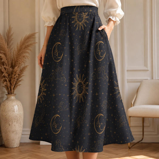 Celestial Sun Moon Midi Skirt with Pockets, Gold Tarot Witchy Style Festivals
