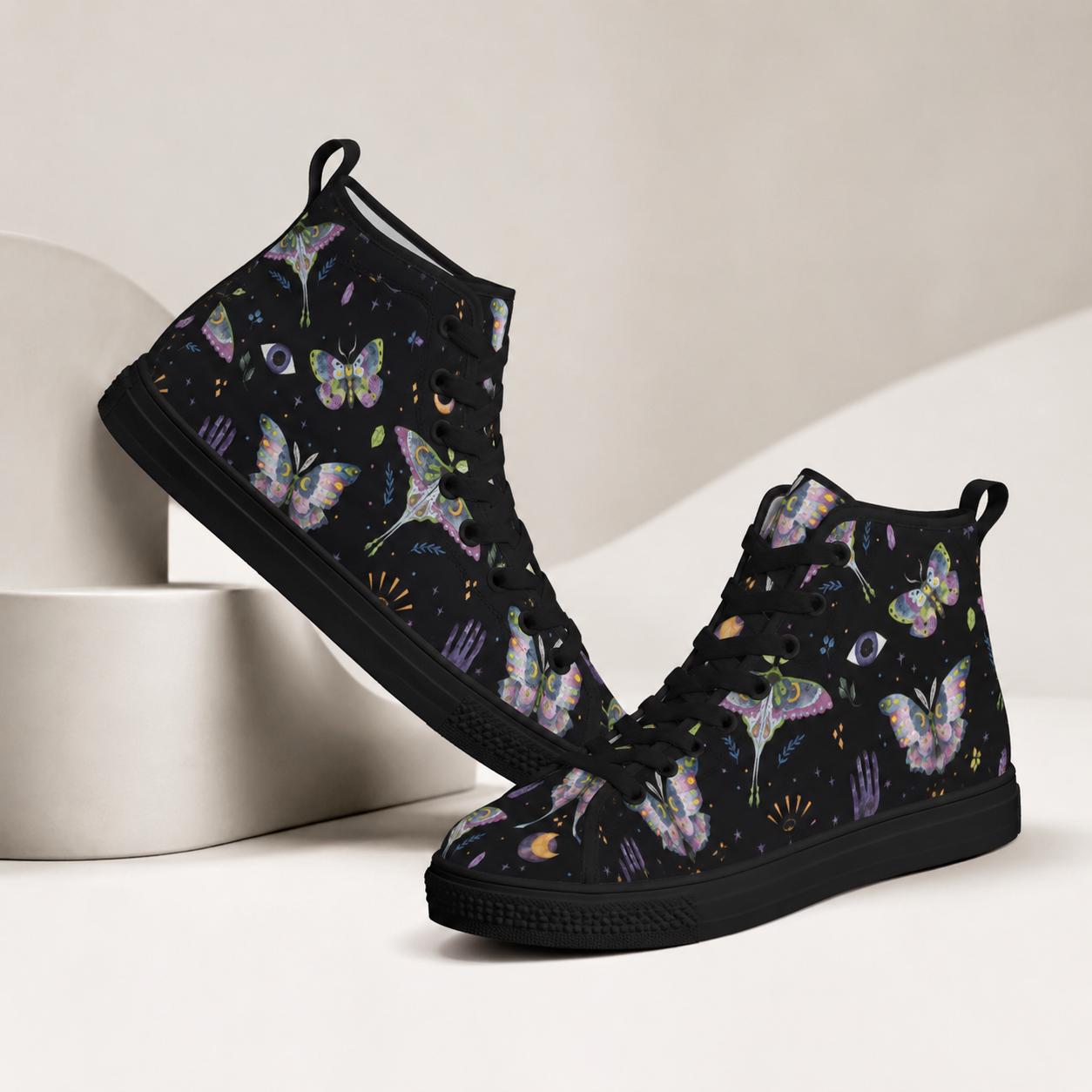 Witchy Moth Moon Sneakers, Pastel Botanical Evil Eye Canvas Shoes