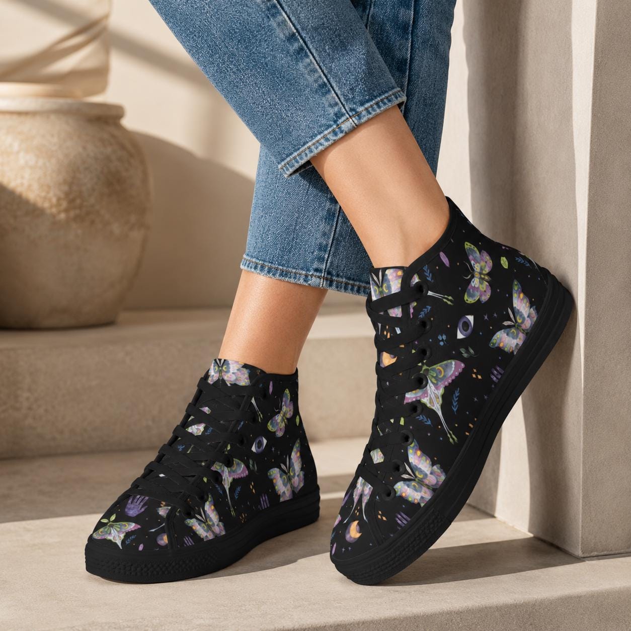 Witchy Moth Moon Sneakers, Pastel Botanical Evil Eye Canvas Shoes