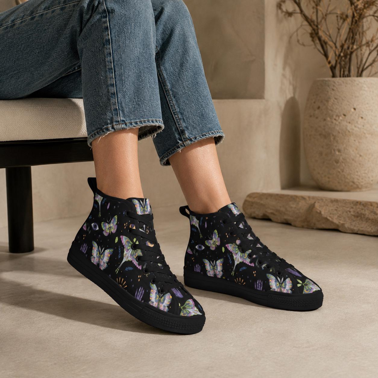 Witchy Moth Moon Sneakers, Pastel Botanical Evil Eye Canvas Shoes