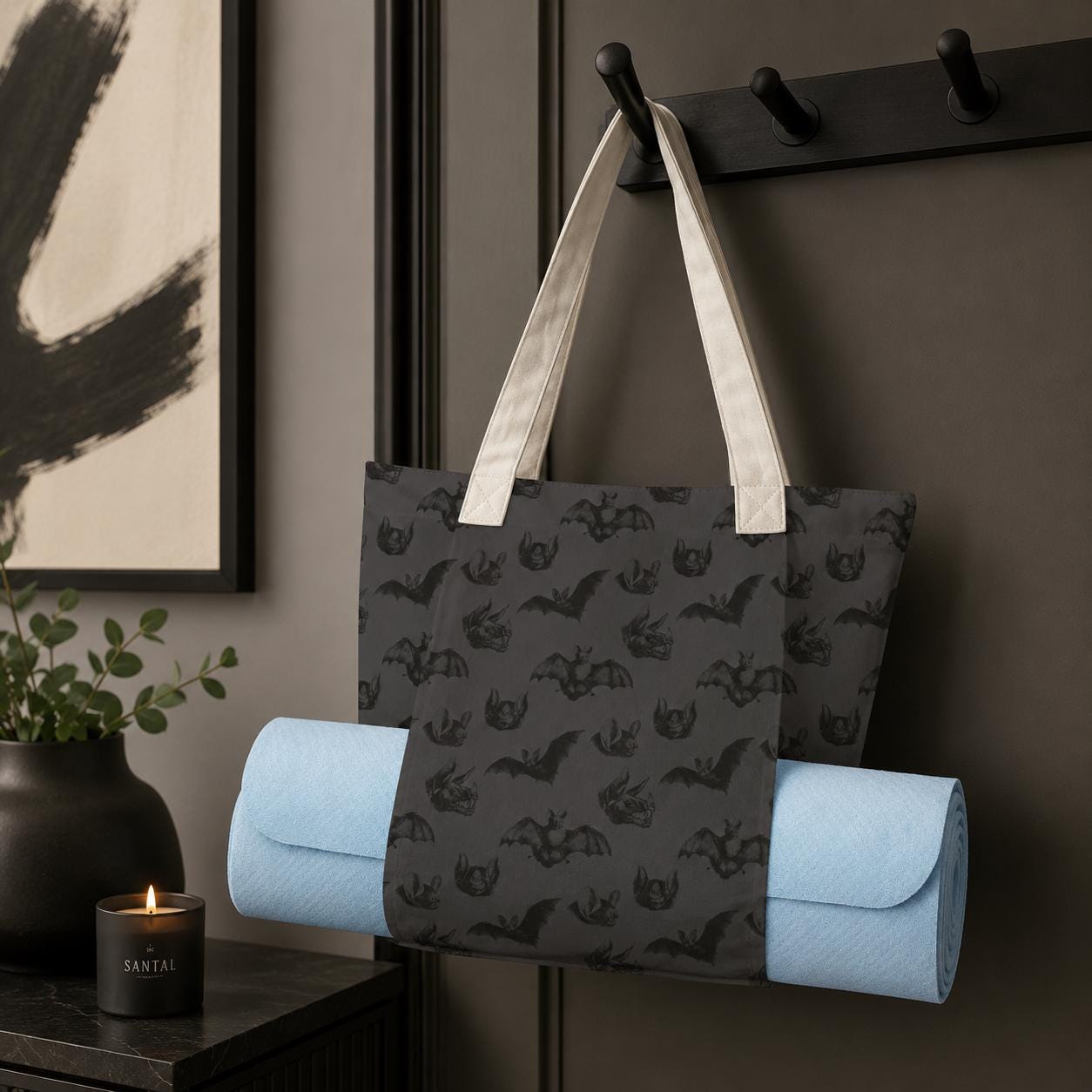 Charcoal Gray Bat Print Yoga Mat Tote Bag, Goth Gym Bag with Straps