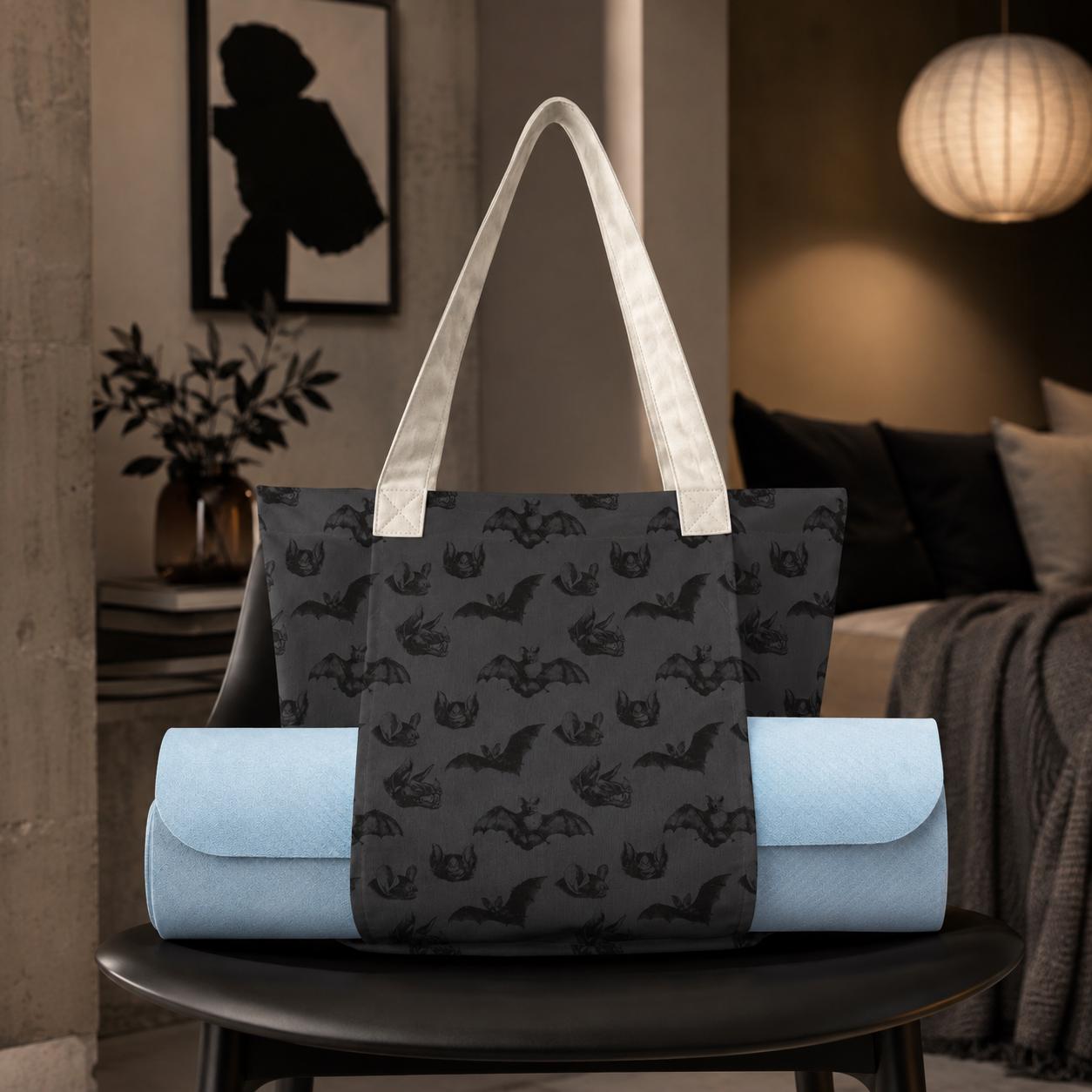 Charcoal Gray Bat Print Yoga Mat Tote Bag, Goth Gym Bag with Straps