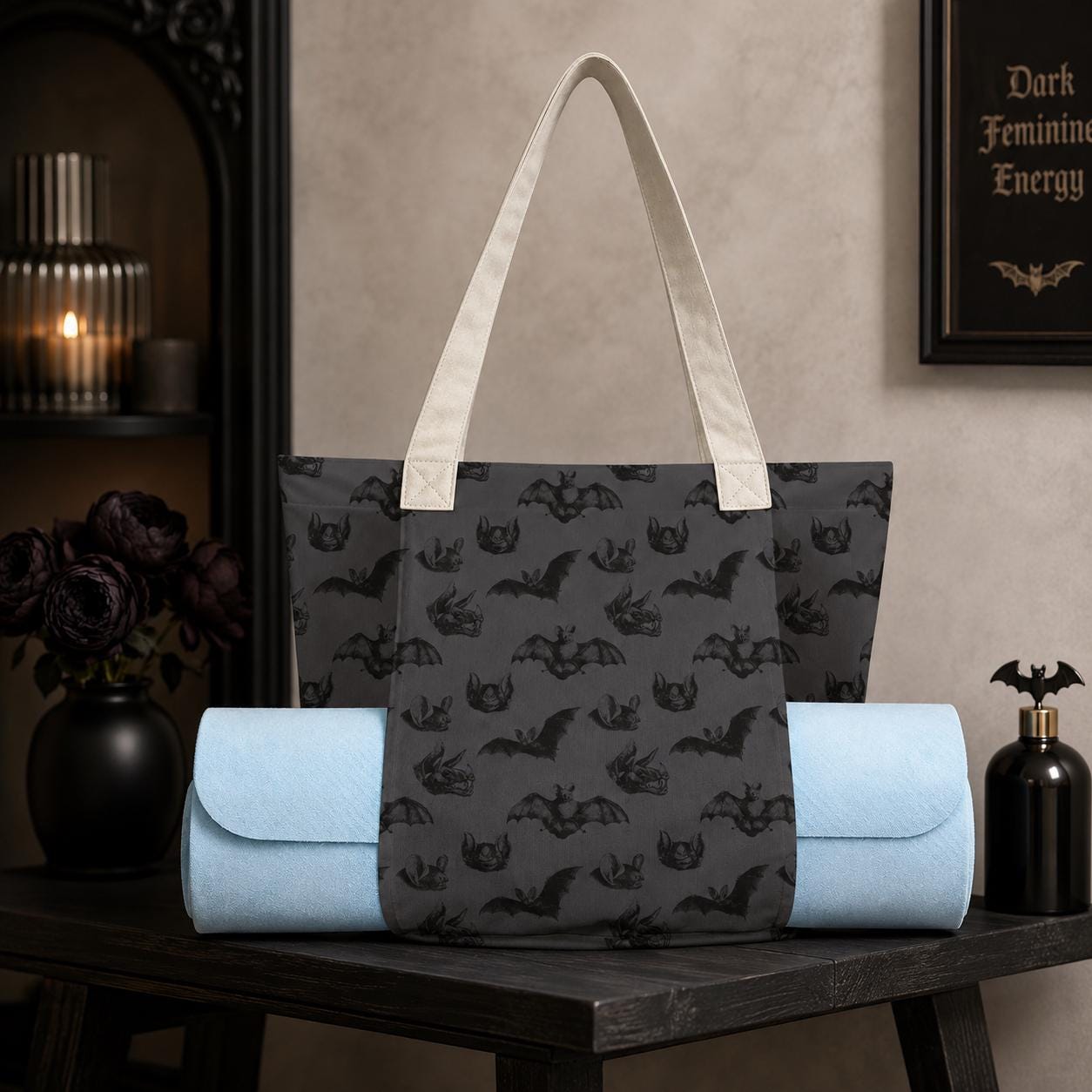 Charcoal Gray Bat Print Yoga Mat Tote Bag, Goth Gym Bag with Straps