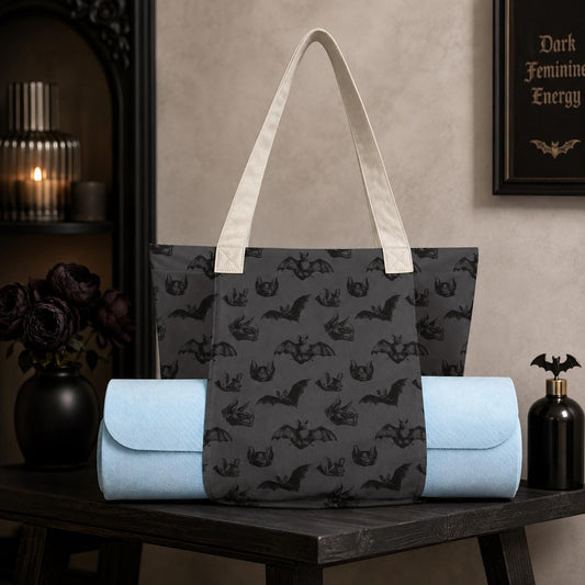 Charcoal Gray Bat Print Yoga Mat Tote Bag, Goth Gym Bag with Straps