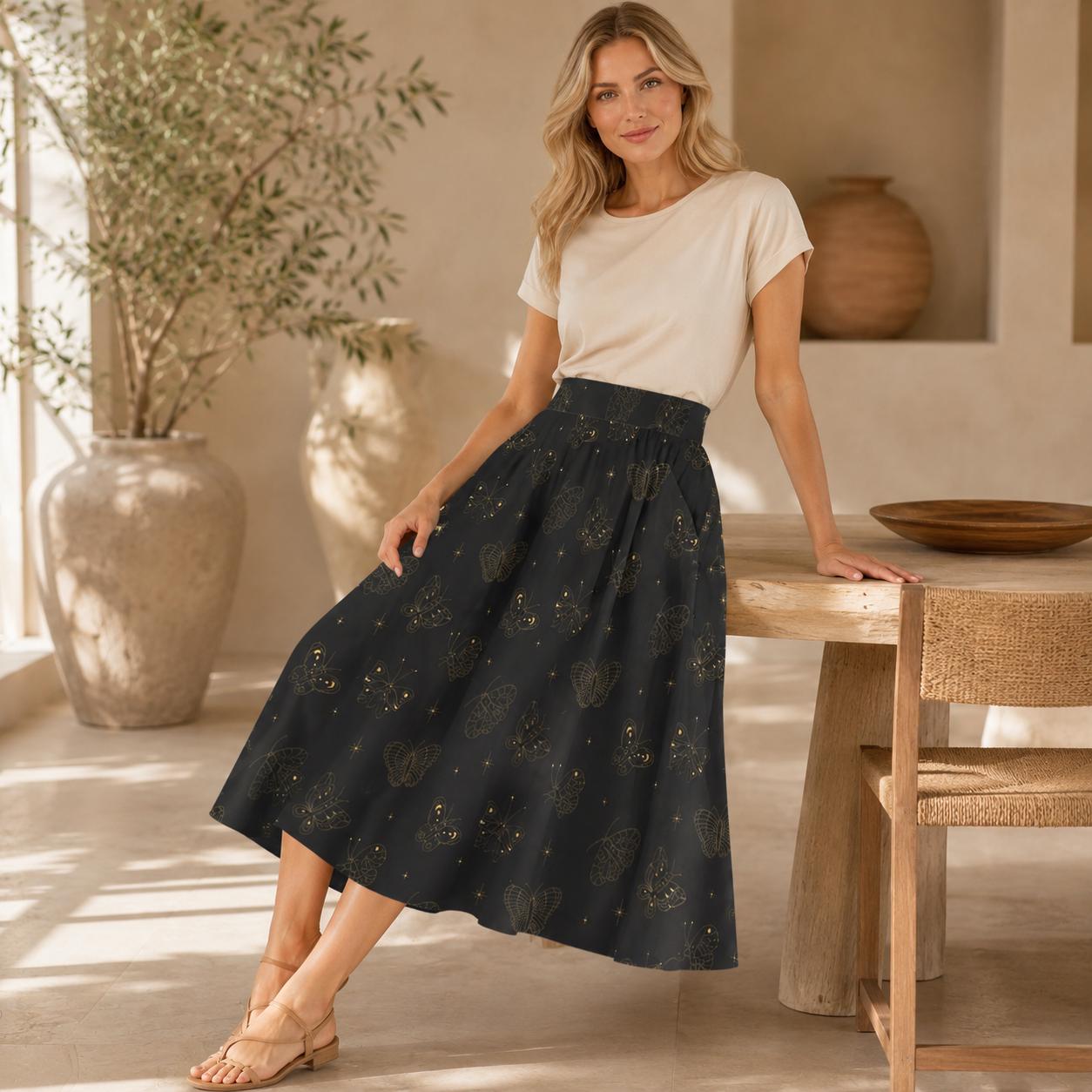Black Gold Butterfly Midi Skirt, Line Art Celestial Print, Dark Academia Style