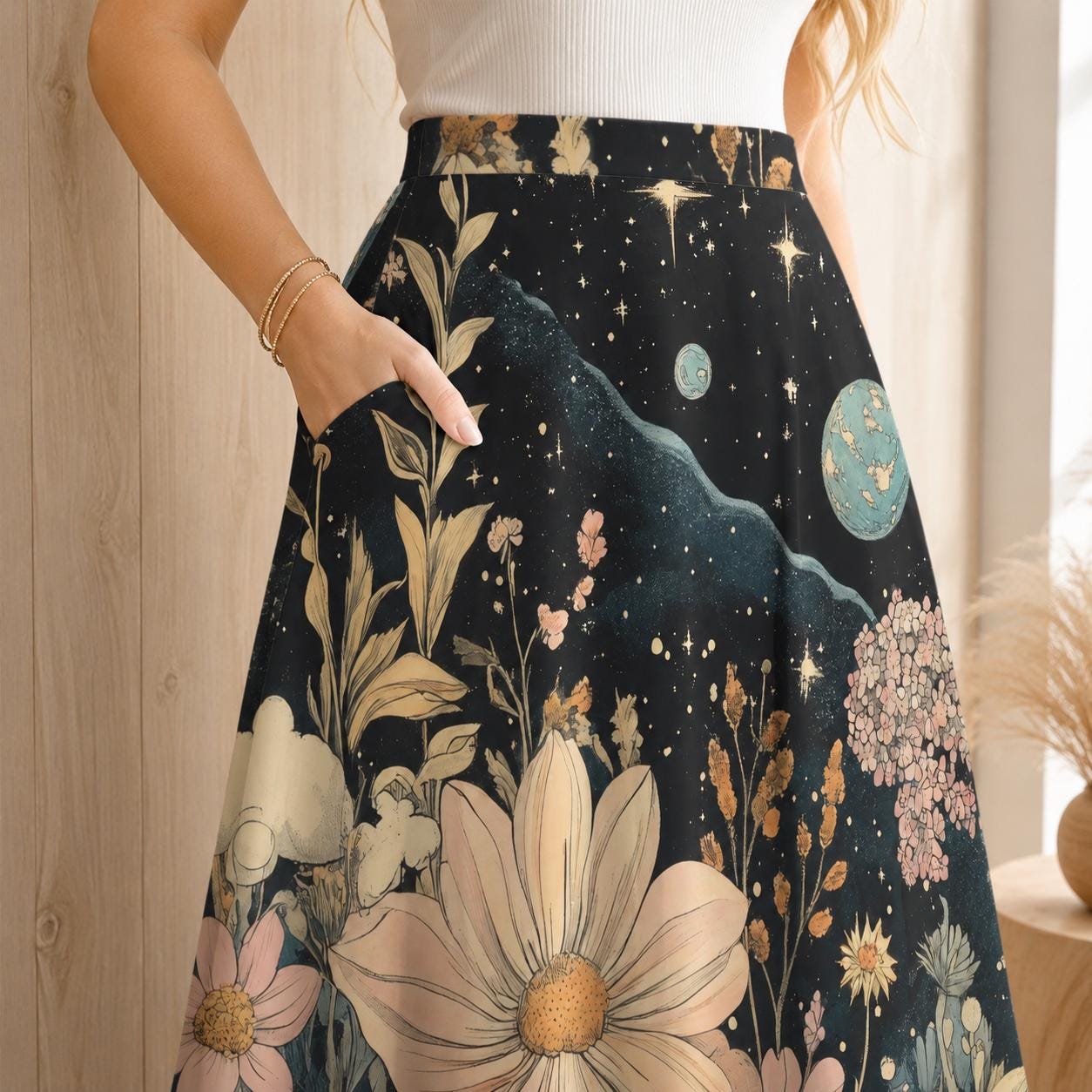 Celestial Floral Midi Skirt, Dark Botanical Moon Stars, Whimsigoth Style, Pockets