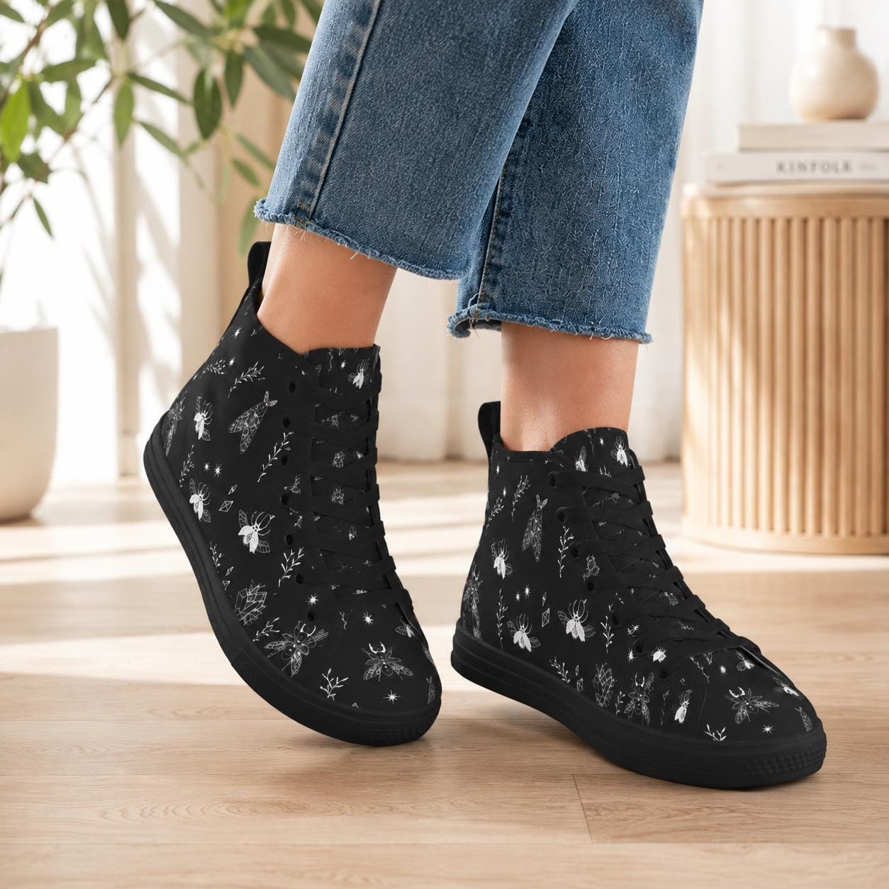 Bee and Botanical Line Art High Top Sneakers in Black