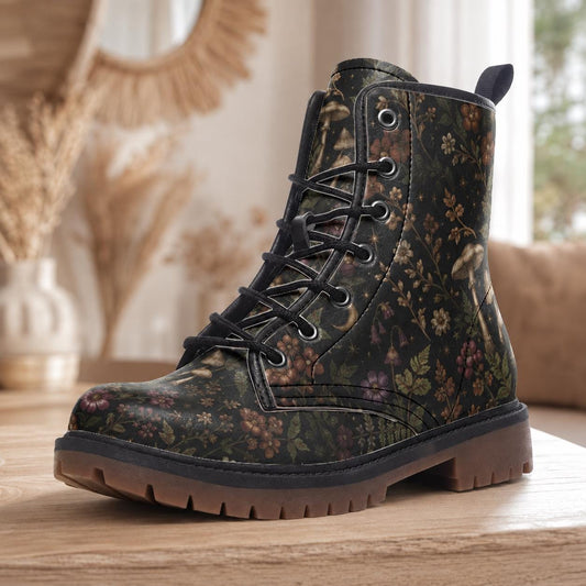 Dark Cottagecore Combat Boots, Mushroom Wildflower Lace Up Ankle Shoes