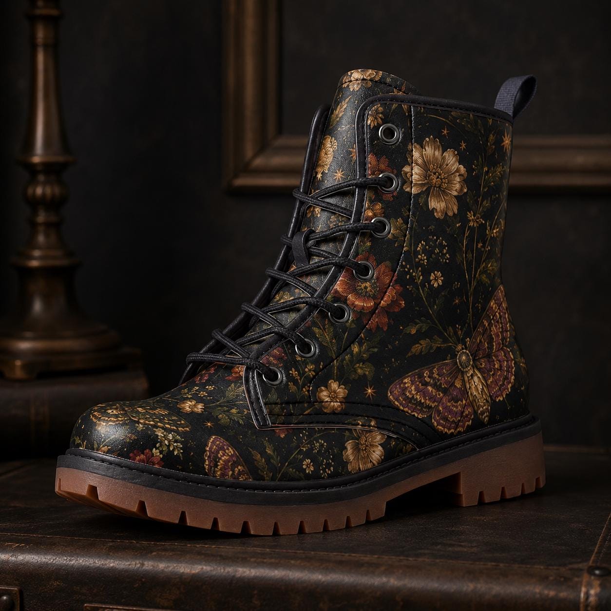 Dark Floral Moth Print Combat Boots with Lace Up Front