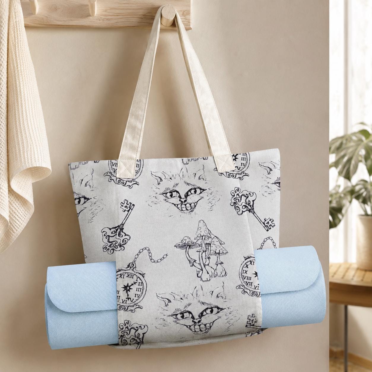 Alice in Wonderland Yoga Tote Bag, Cheshire Cat Gym Bag With Mat Holder