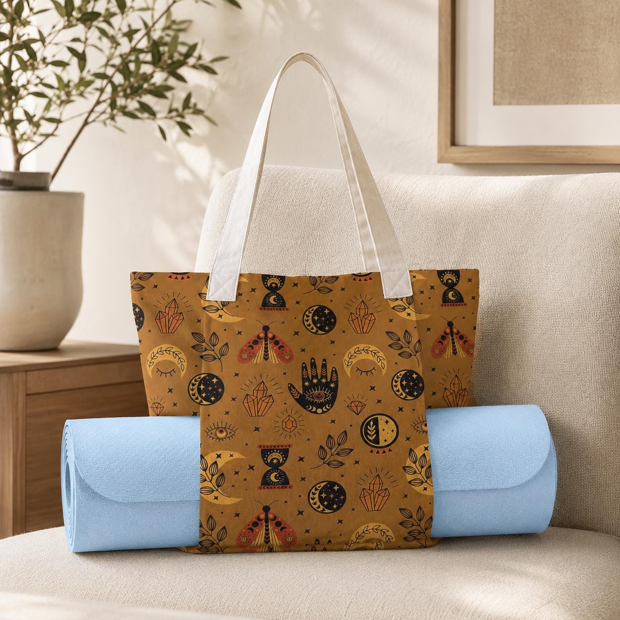Celestial Moth Yoga Tote Bag, Mustard Moon Phase Gym Bag with Mat Holder