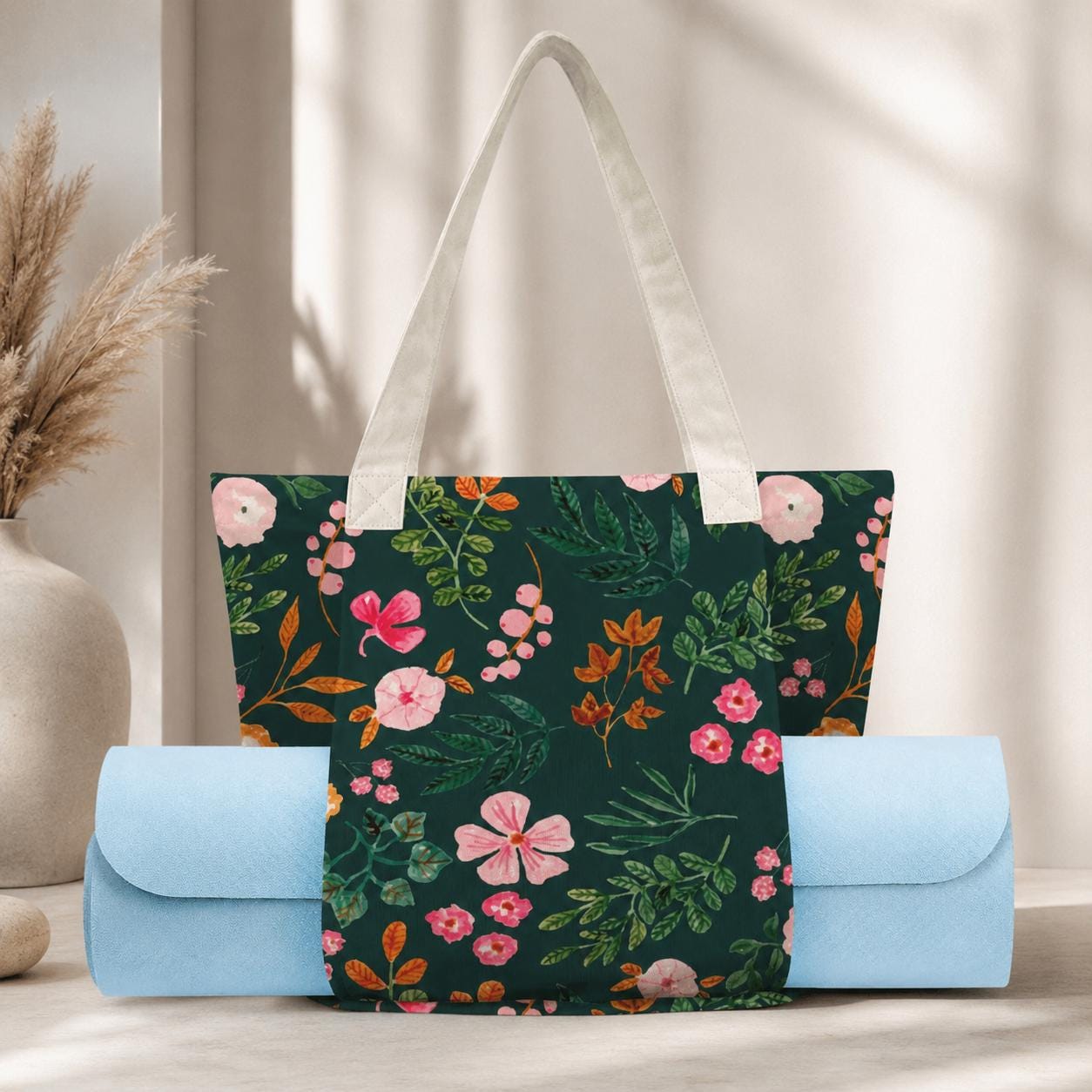 Wildflower Yoga Mat Tote Bag, Dark Green Floral Gym Carrier, Cottagecore Pilates Tote