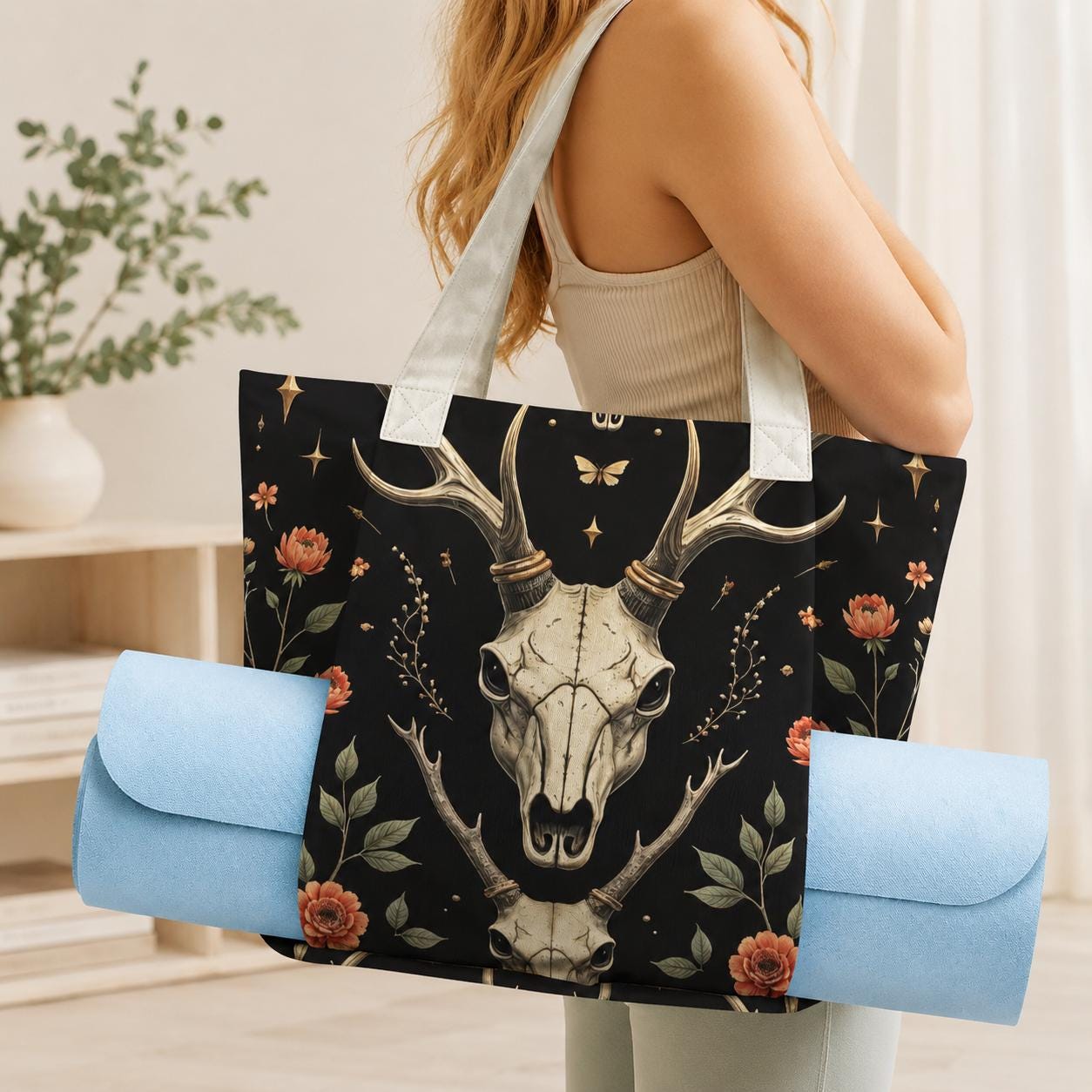 Witchy Yoga Mat Tote Bag, Cattle Skull Floral Gym Bag, Gothic Pilates Carrier
