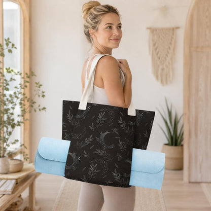 Black Celestial Yoga Mat Tote: Moon, Stars, Botanical Print (Mat Compartment)