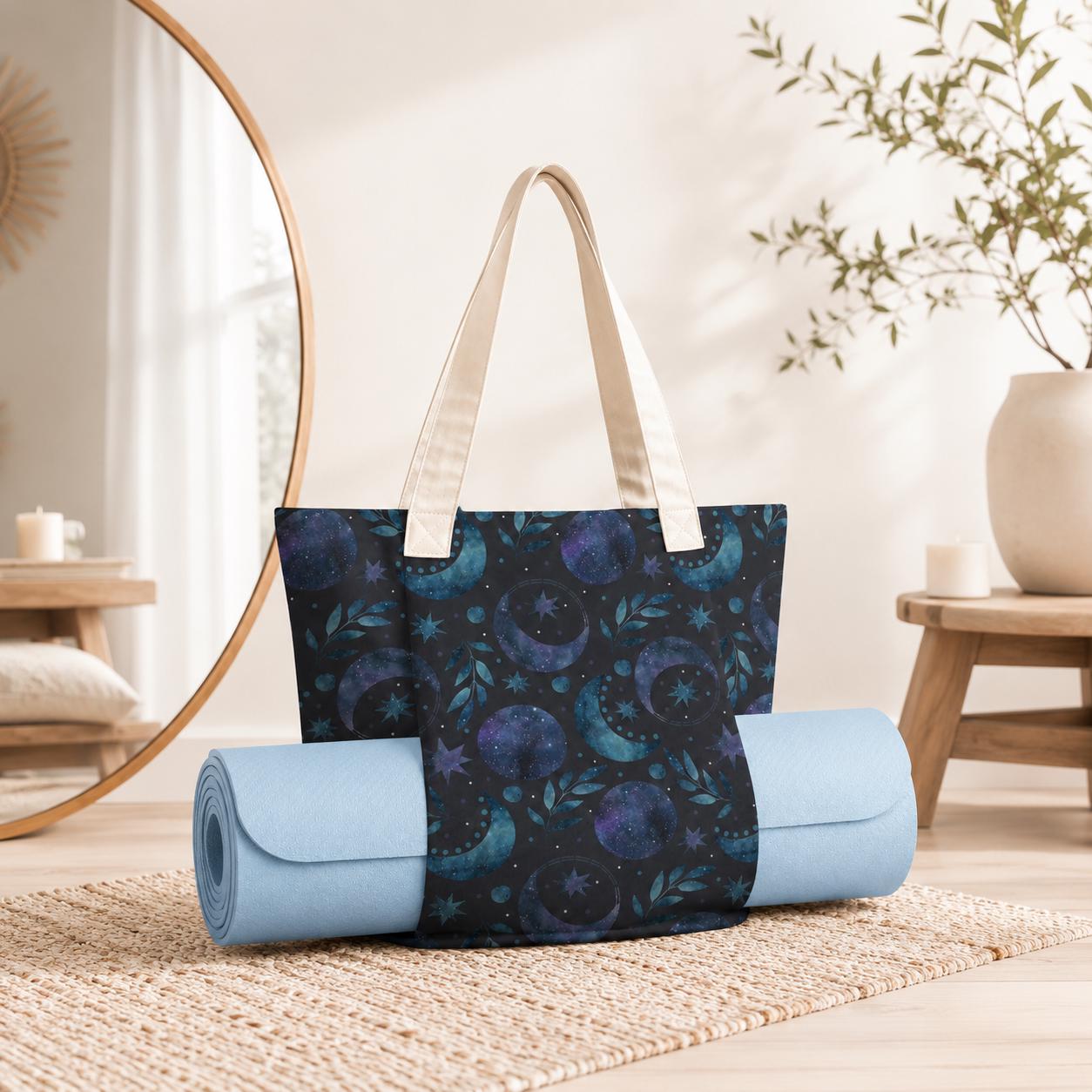 Moon Phase Yoga Mat Bag, Celestial Watercolor Tote with Mat Holder