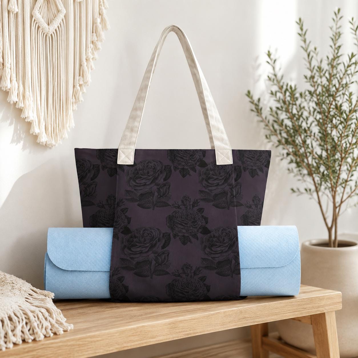 Black Rose Yoga Tote, Dark Floral Mat Carrier, Goth Gym Bag, Travel Tote