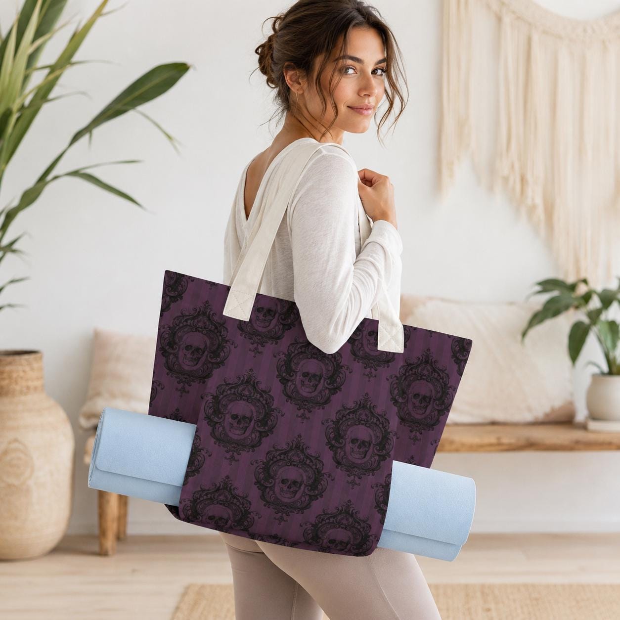 Gothic Skull Tote Bag, Purple Victorian Damask Canvas Shoulder Bag, Large Witchy Everyday Use
