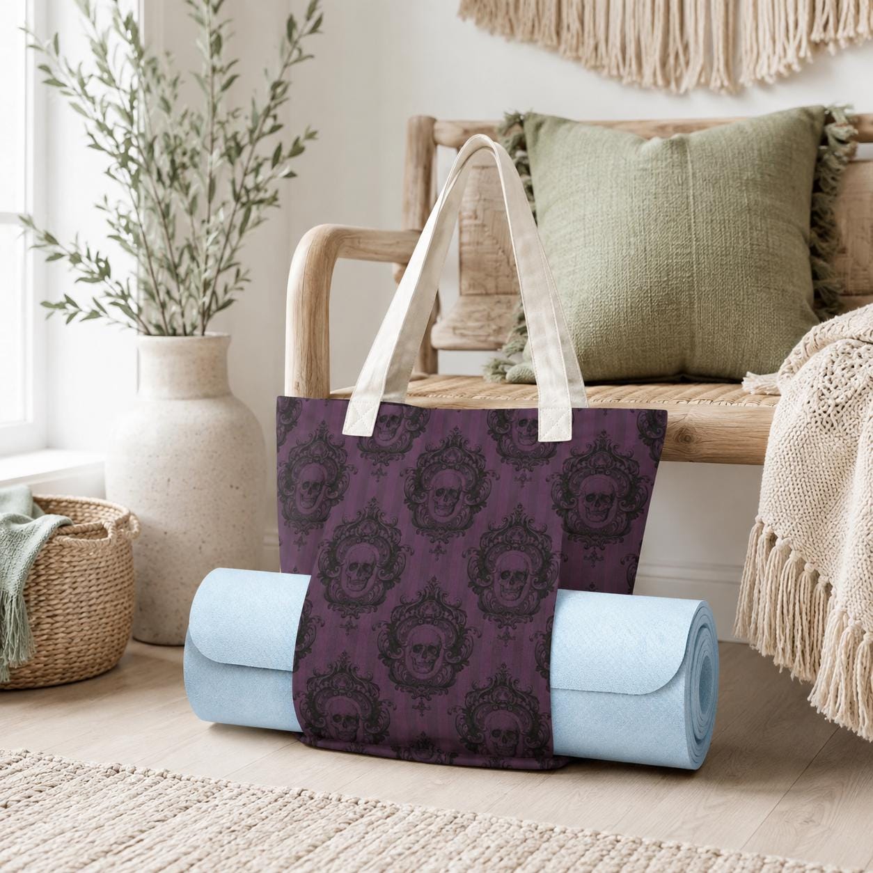 Gothic Skull Tote Bag, Purple Victorian Damask Canvas Shoulder Bag, Large Witchy Everyday Use