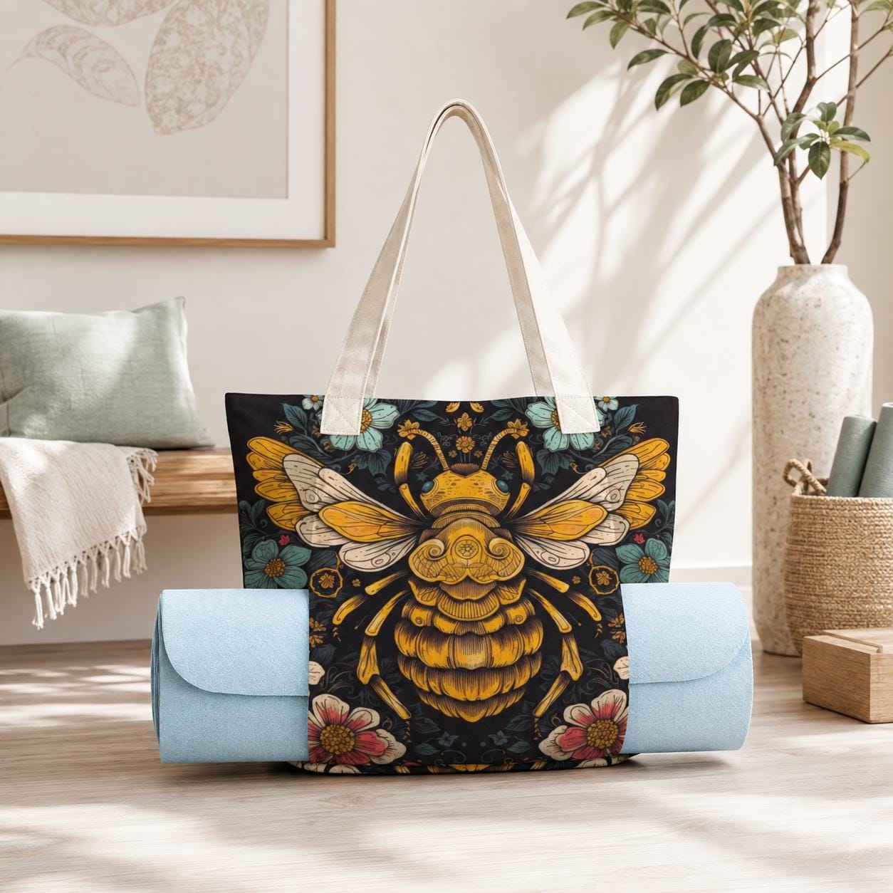 Golden Bee and Wildflower Print Yoga Tote Bag with Blue Mat Pockets